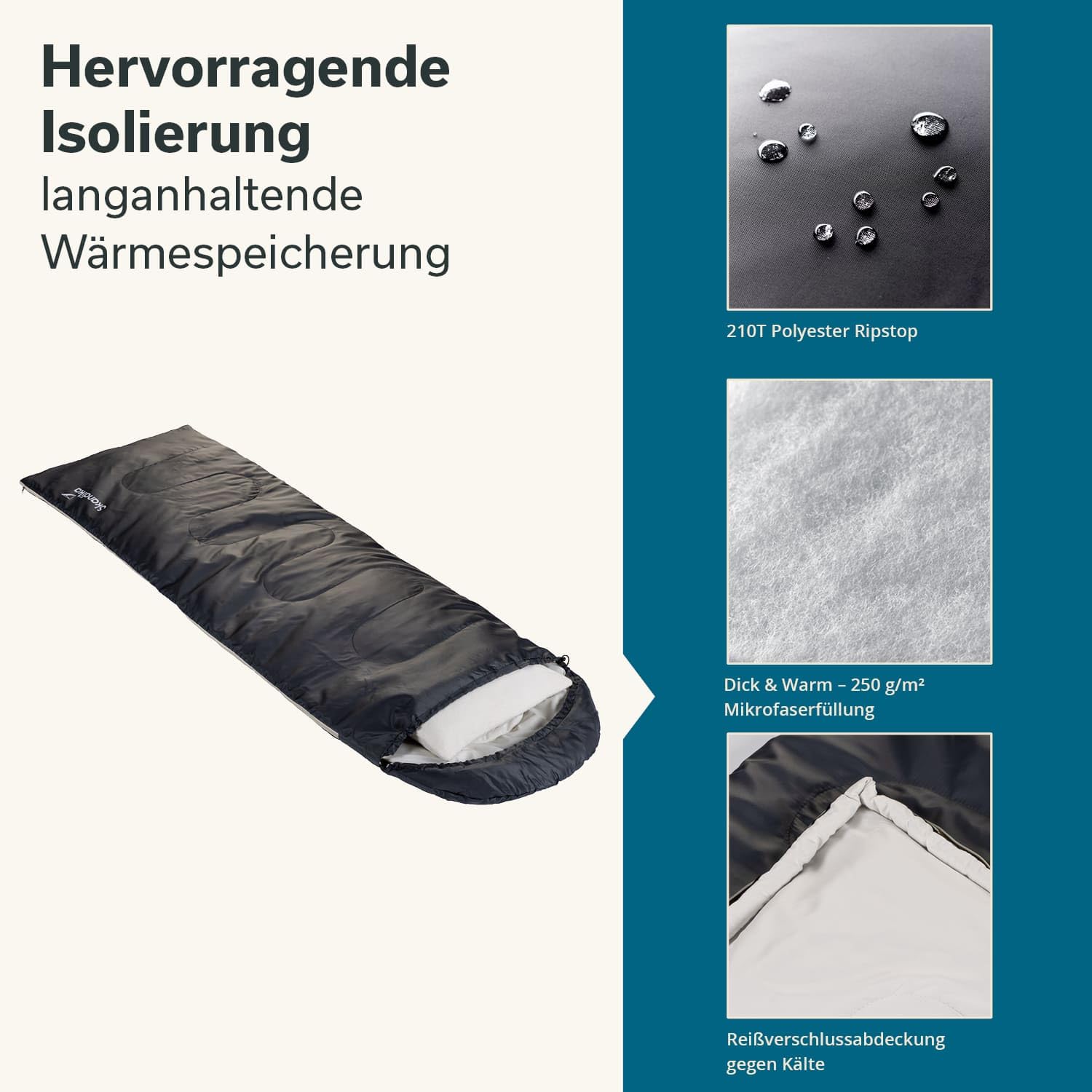 Skandika Śpiwór Skye | śpiwór na 3 pory roku, z poduszkami, możliwość łączenia, 220 x 75 cm, wypełnienie z mikrofibry, 250 g/m², kieszeń wewnętrzna, nadaje się do prania | śpiwory outdoorowe