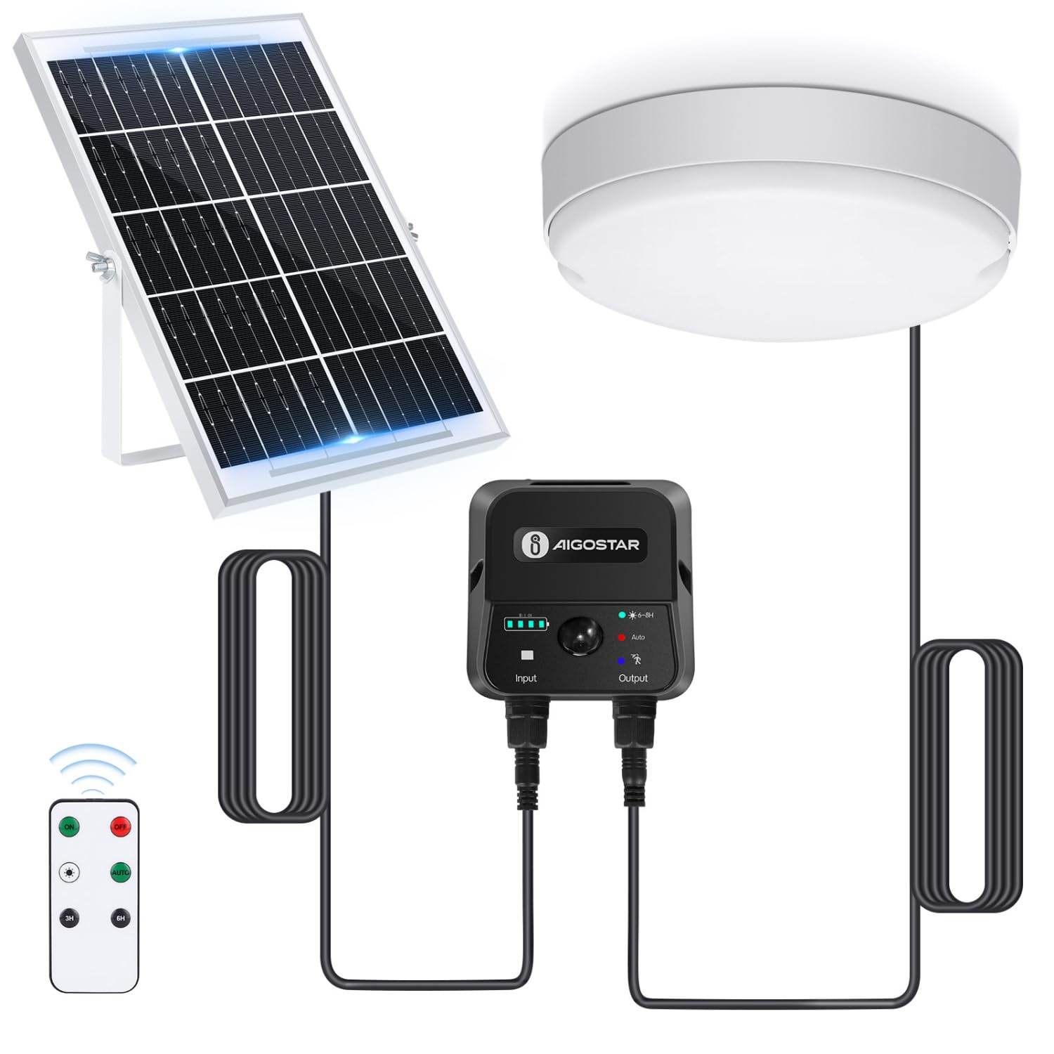 Aigostar Luz Solar Exterior con Sensor 70W Plafón LED Techo Solar Interior con Caja de Almacenamiento de Energía, Mando a Distancia, IP65 Impermeable, Cable de 8m, Ajustable 6500K