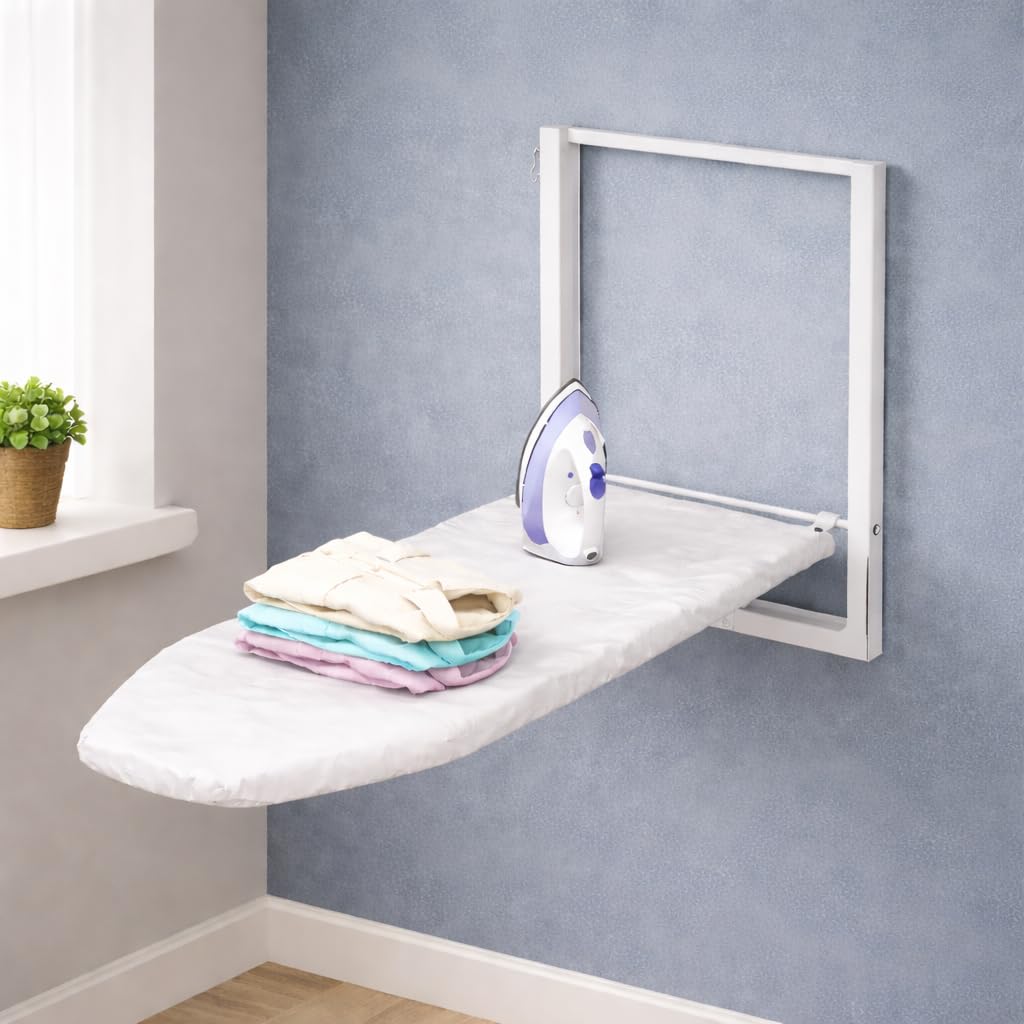 JAIMINI Home Wall Mount Ironing Table/Board | Space-Saving & Foldable Mechanism | White | DIY Assembly | Easy-Release Lever, Removable Cotton Cover & Mounting Hardware