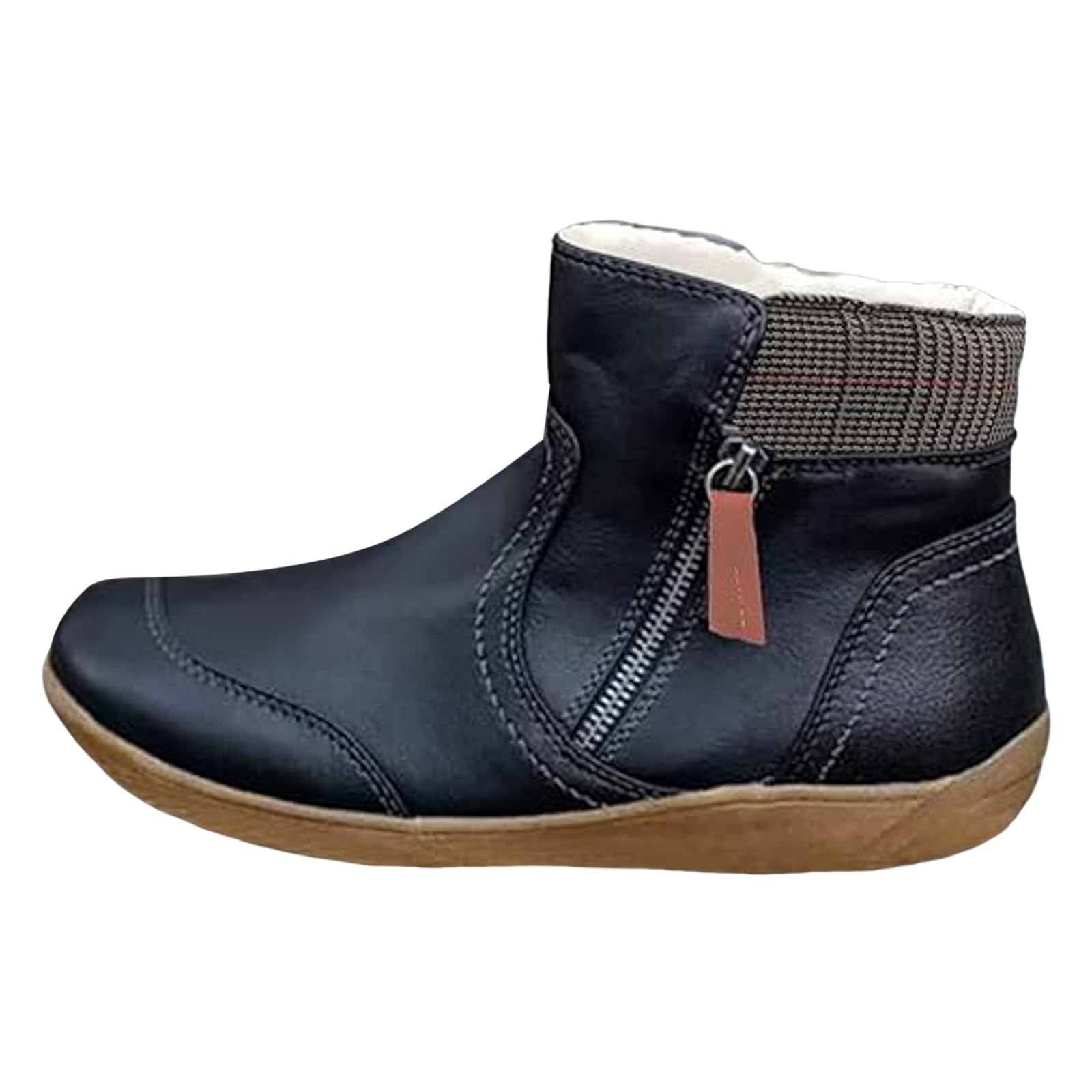 Womens Winter Boots Round Toe Arch Support Side Buckle Waterproof Ankle Booties Warm Fur Lined Faux Leather Combat