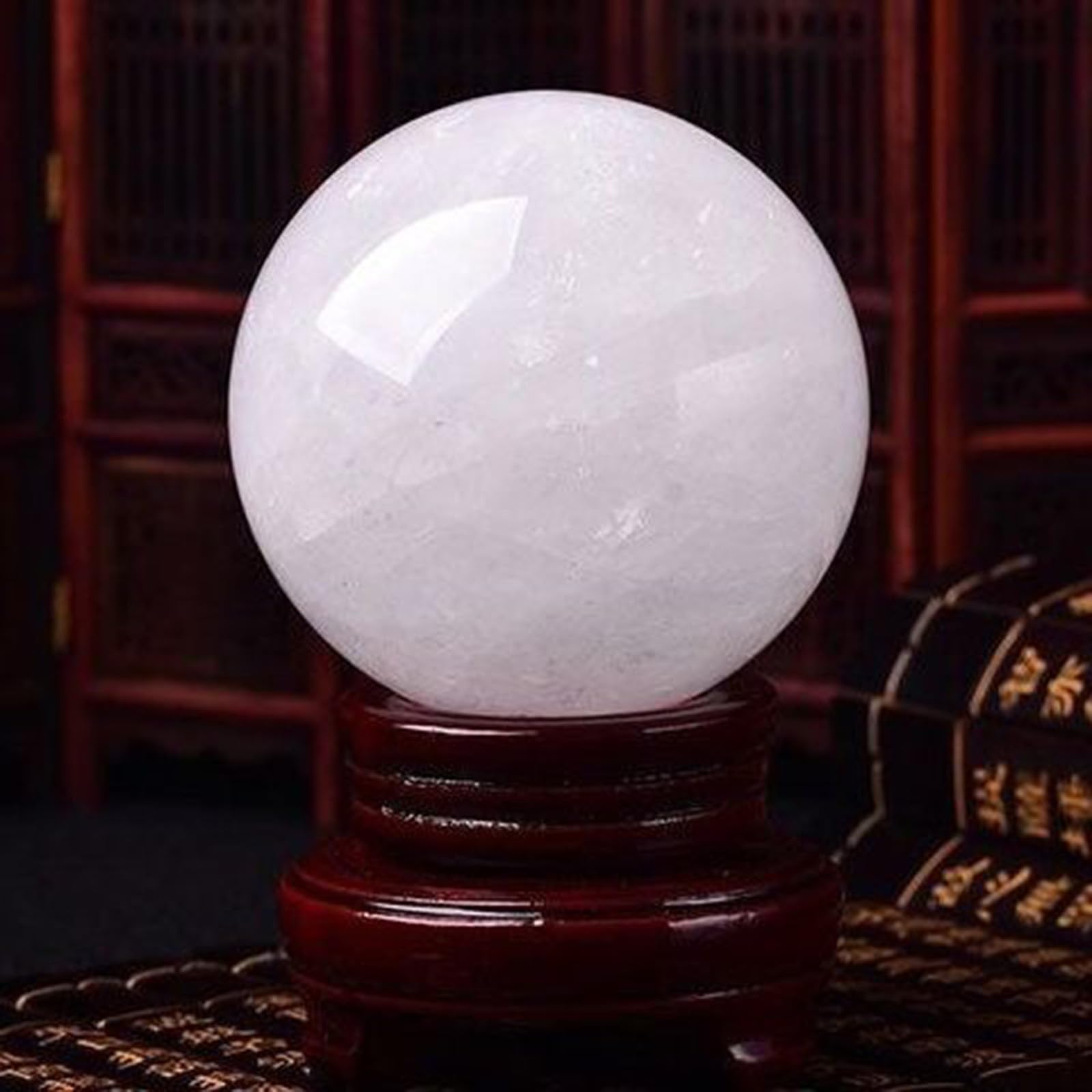 Bola de Cristal Natural con Base de Madera, Adorno de Bola de Cuarzo de Calcita Blanca, Esfera de Piedra de Orbe de Cristal Curativo Mágico para Feng Shui,Decoración del Hogar,160mm/6.3in