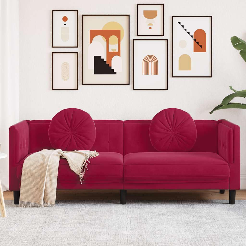 Canapé 3 places en velours rouge vin avec 2 coussins, canapé rembourré pour salon, canapé, 193,5 x 77 x 70 cm, canapé confortable pour la détente, la chambre familiale et le bureau