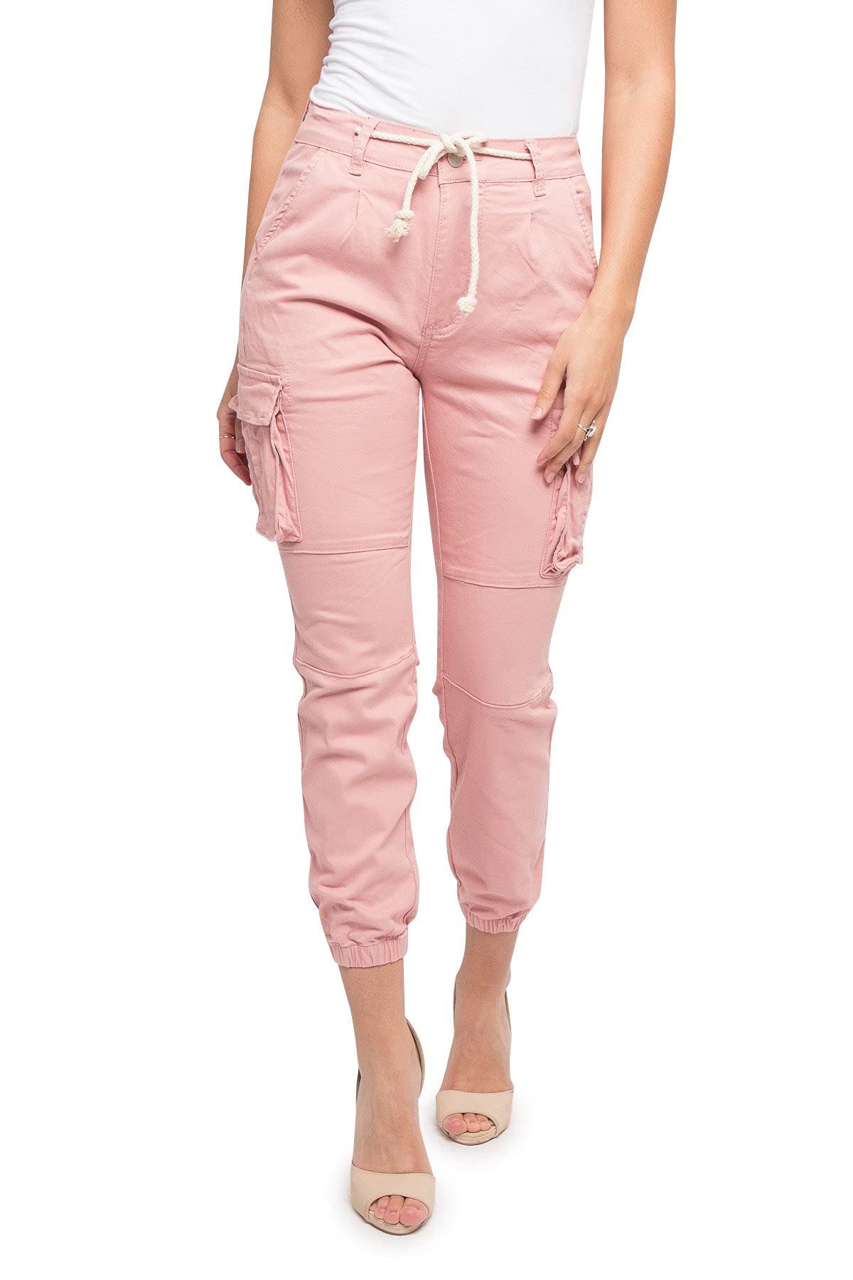 American BaziWomen's High Waist Cropped Colored Cargo Jogger Pants RJJ3645 - Indie Pink - Small