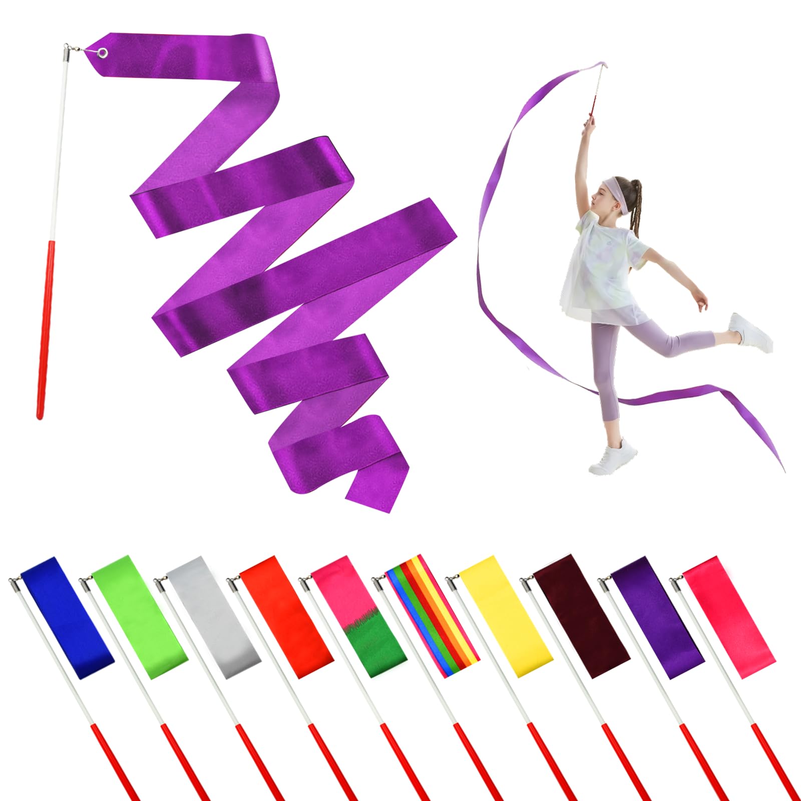 Nastri Colorati da Ginnastica con Asta Rotante per talenti Show, Bacchetta da Ballo per Bambini, Fascia Arcobaleno Ideale per Ragazze per Feste di Compleanno per (Multicolor-1)