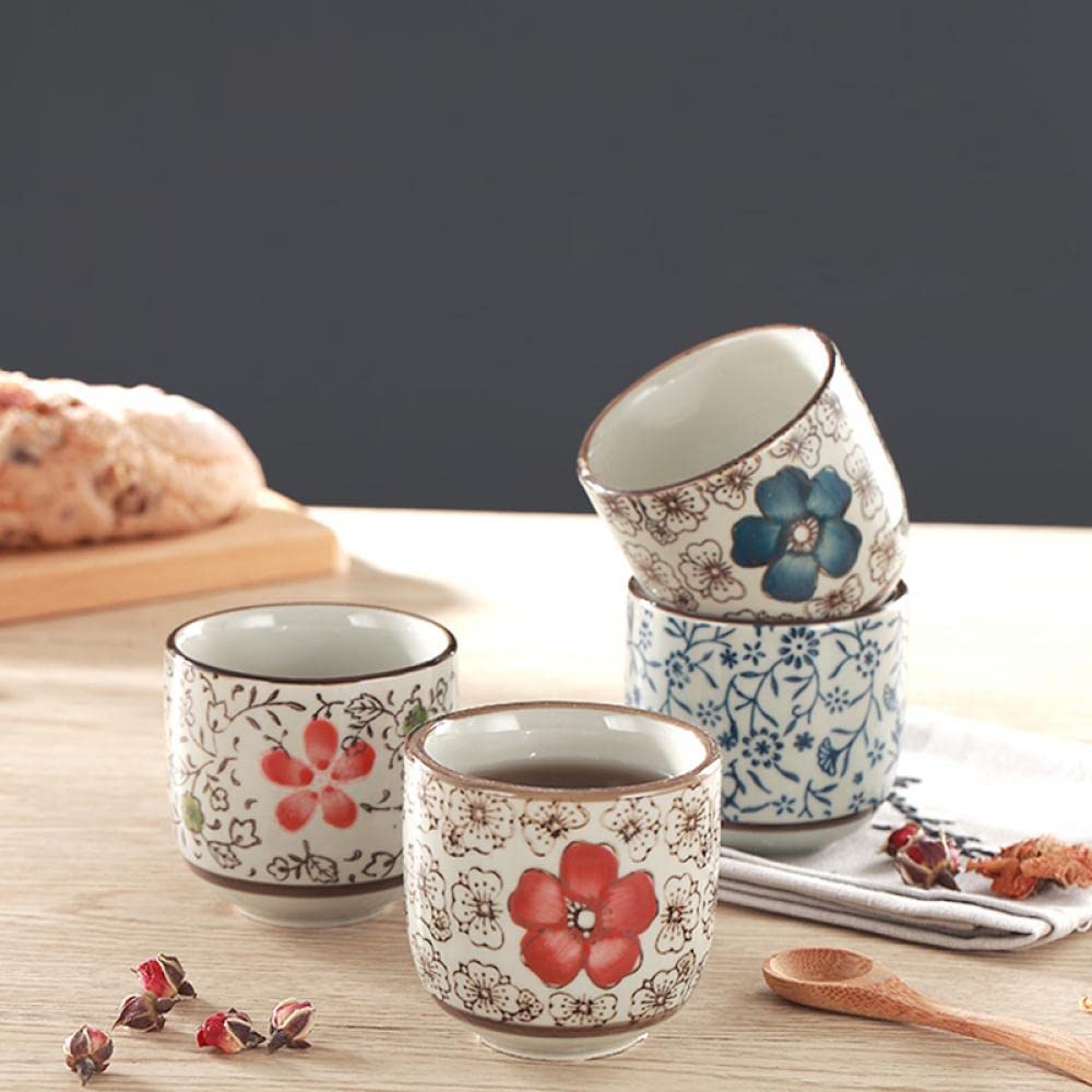 Sizikato 4pcs Porcelain Tea Cup, 4 Oz Sake Cup, Hand-Painted Flower Pattern
