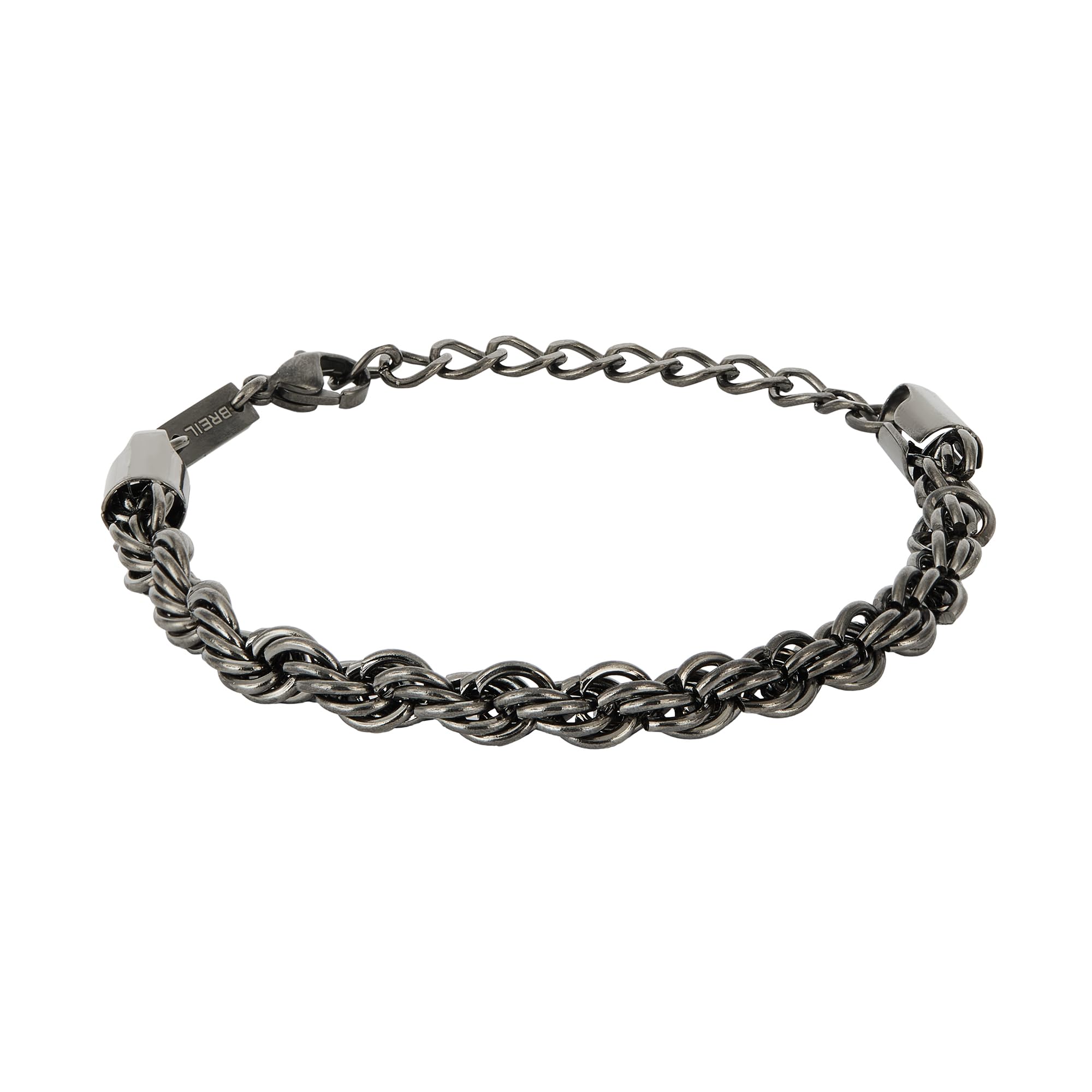 Breil, Collezione Yox, Bracciale Uomo in Acciaio Inossidabile Brunito Silver, con Catena Rope Intrecciata, Finali Lucidi, Chiusura a Gioielleria, Lunghezza Regolabile fino a 22 cm