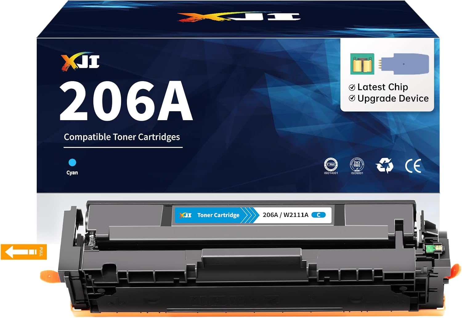 XJI 206A Cyan W2111A (with Latest Chip & Upgrade Device) Compatible Toner Cartridge Replacement for HP 206 A X 206X Ink, for Laser Jet Pro M255 M255dw M255nw MFP M282nw M283 M283cdw M283fdw Printer