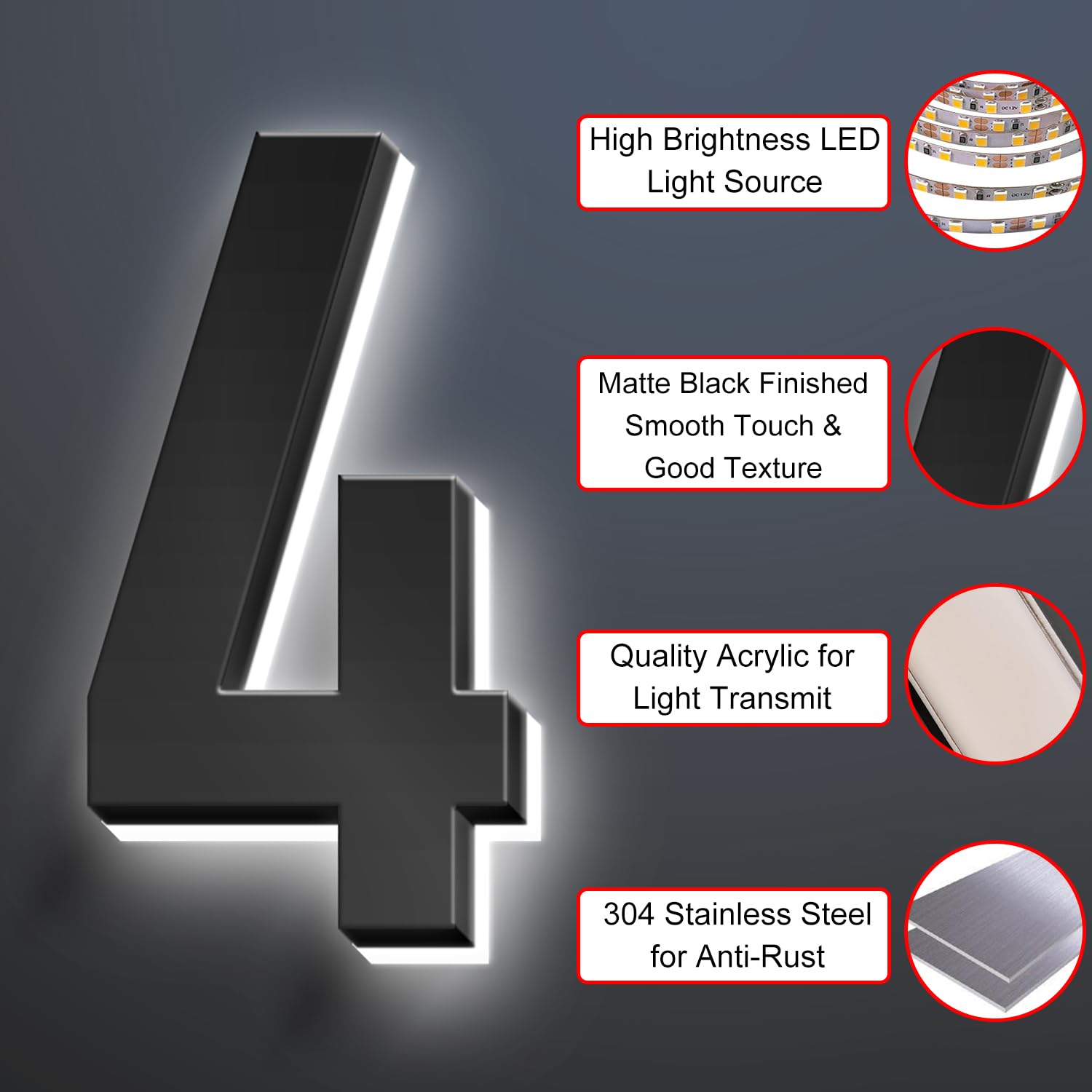 Números de Casa Iluminados Con LED Retroiluminados Para Exteriores, Números de Dirección de Casa Iluminados Modernos Para Exteriores, Números Casa Iluminados Acero Inoxidable A Prueba Agua