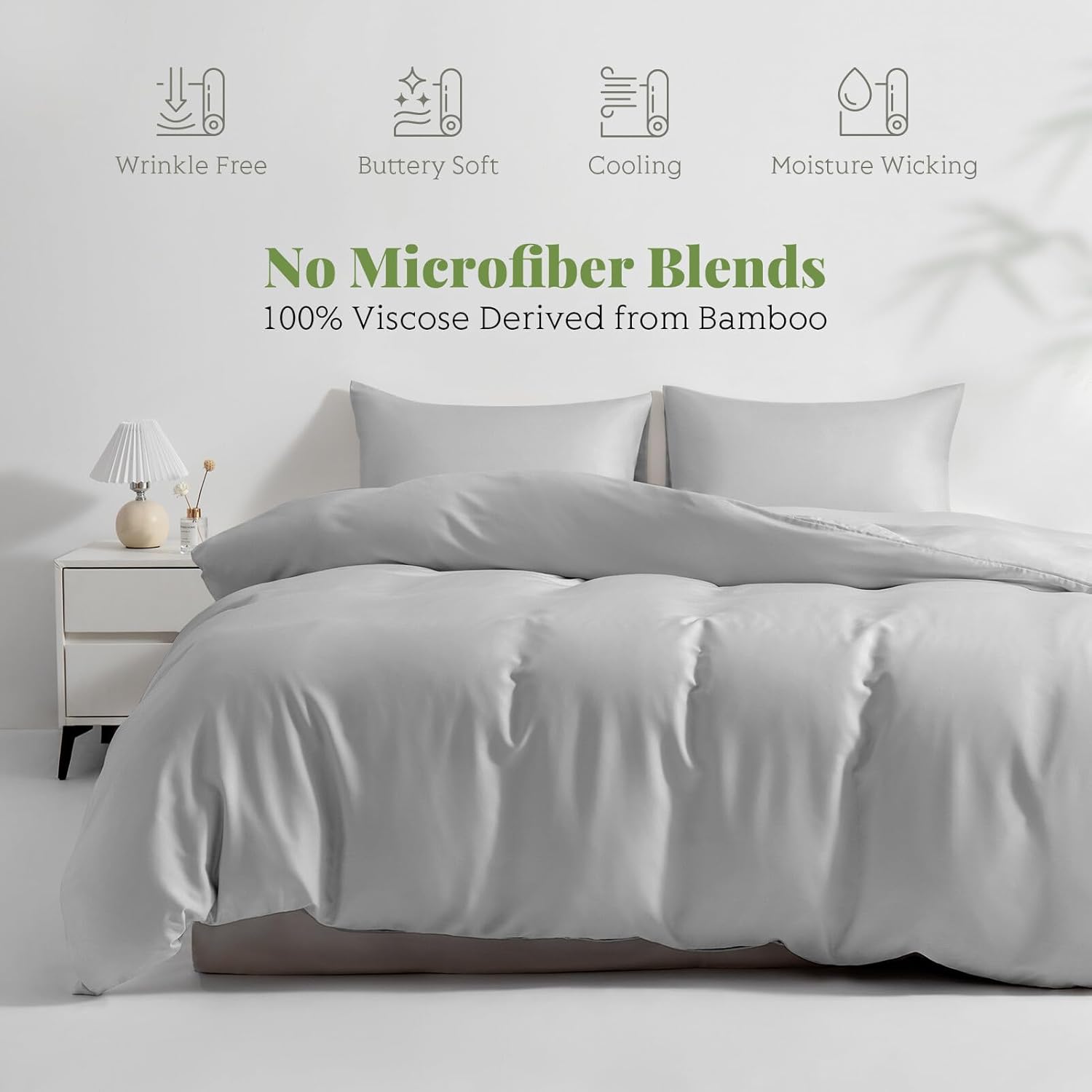 Full/Queen Duvet Cover Set, 100% Viscose Derived from Bamboo, 3 Pieces, 1 Zipper Closure Duvet Cover (90"x90") and 2 Pillowcases (20"x30") Cooling & Silky Soft (Light Grey)
