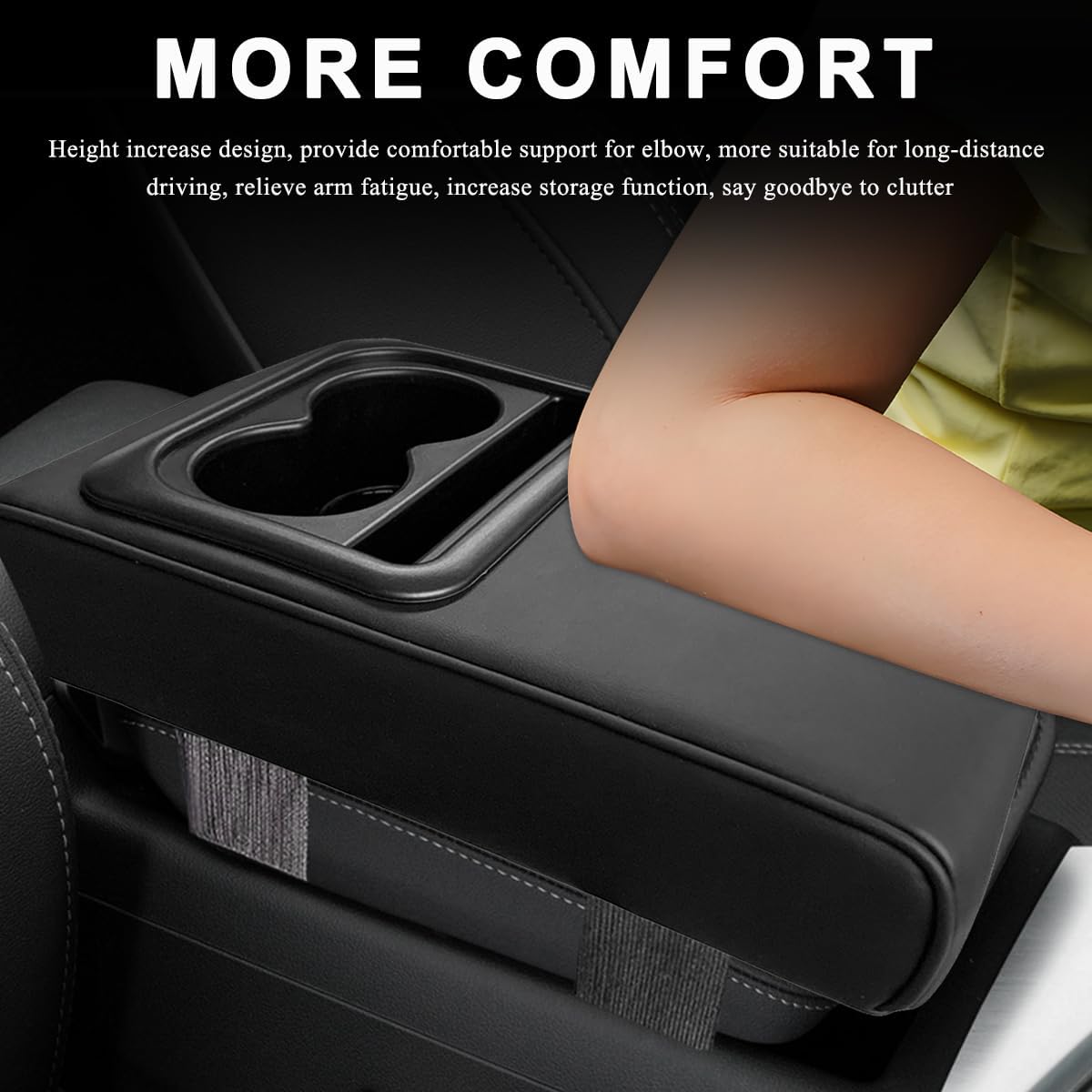 Car Center Console Armrest Pillow, 14"×8.3" Waterproof Leather Armrest Box Cover with Cup and Phone Holder, Soft Memory Foam Arm Rest Console Pad Protector for SUV Truck (Black, Glossy)