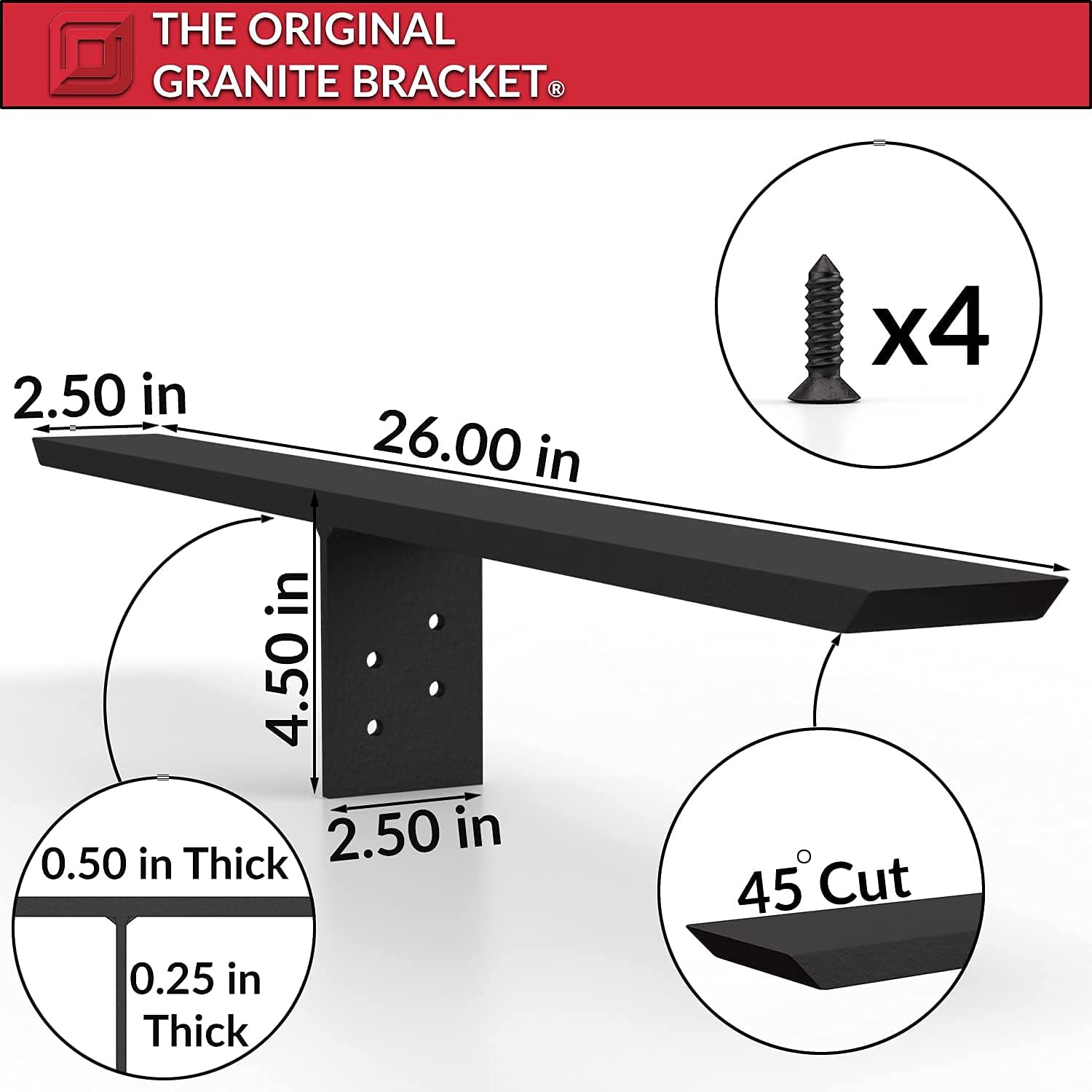T-Bracket Hidden Countertop Support Bracket – Heavy Duty Countertop Overhang Support for Granite, Quartz, & Stone Surfaces – Invisible Flush-Mount Island & Bar Support (Steel 26 Inches)