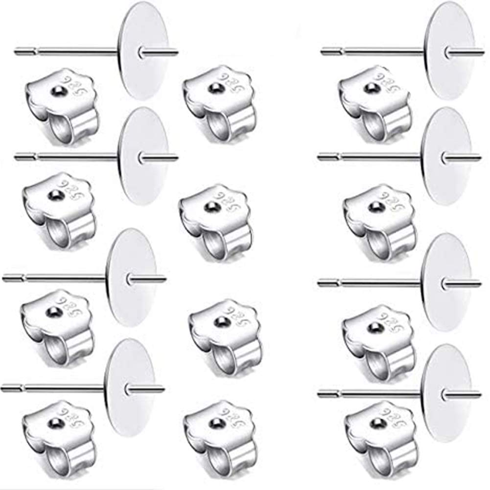 50 PCS 925 Sterling Silver Earring Posts 6mm Flat Pad Blank Tray Stud Earrings with 50 PCS 925 Sterling Silver Earring Backs for Earring Making Findings