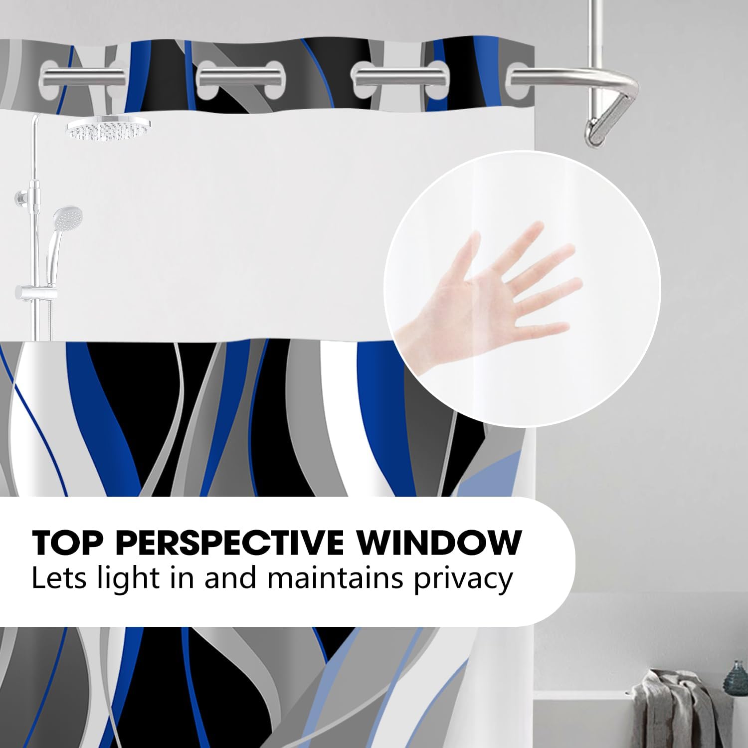 Nkzply No Hook Shower Curtain and Liner Set Blue Striped Shower Curtain with Snap in Liner Fabric Modern Black Grey Bathroom Set See Through Top Window Washable 71x74 Inch thumbnail