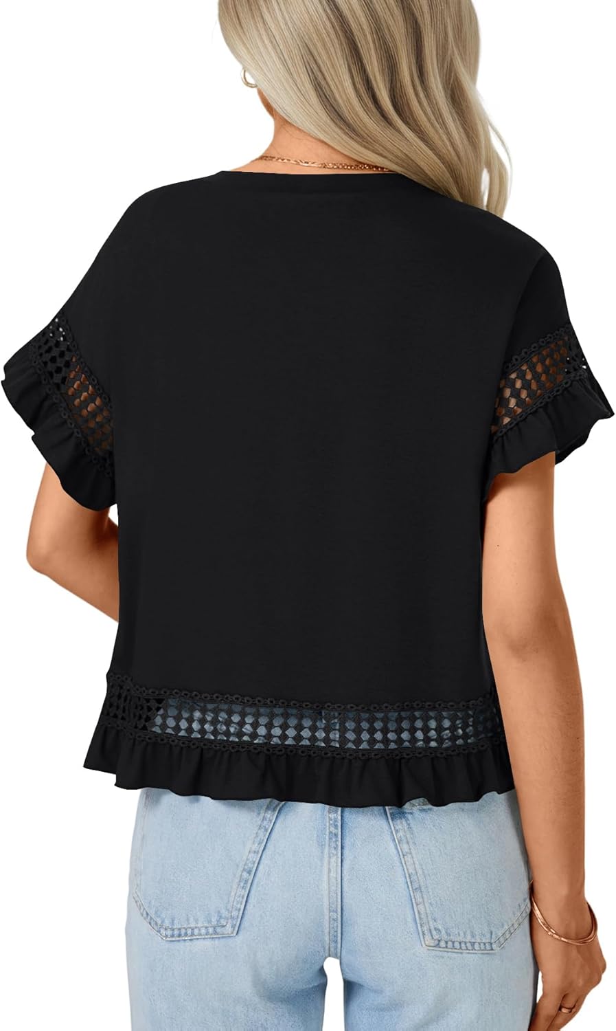 Vrtige Women's Ruffled Hollow Out Short Sleeve Round Neck Casual Loose Blouses - Image 5