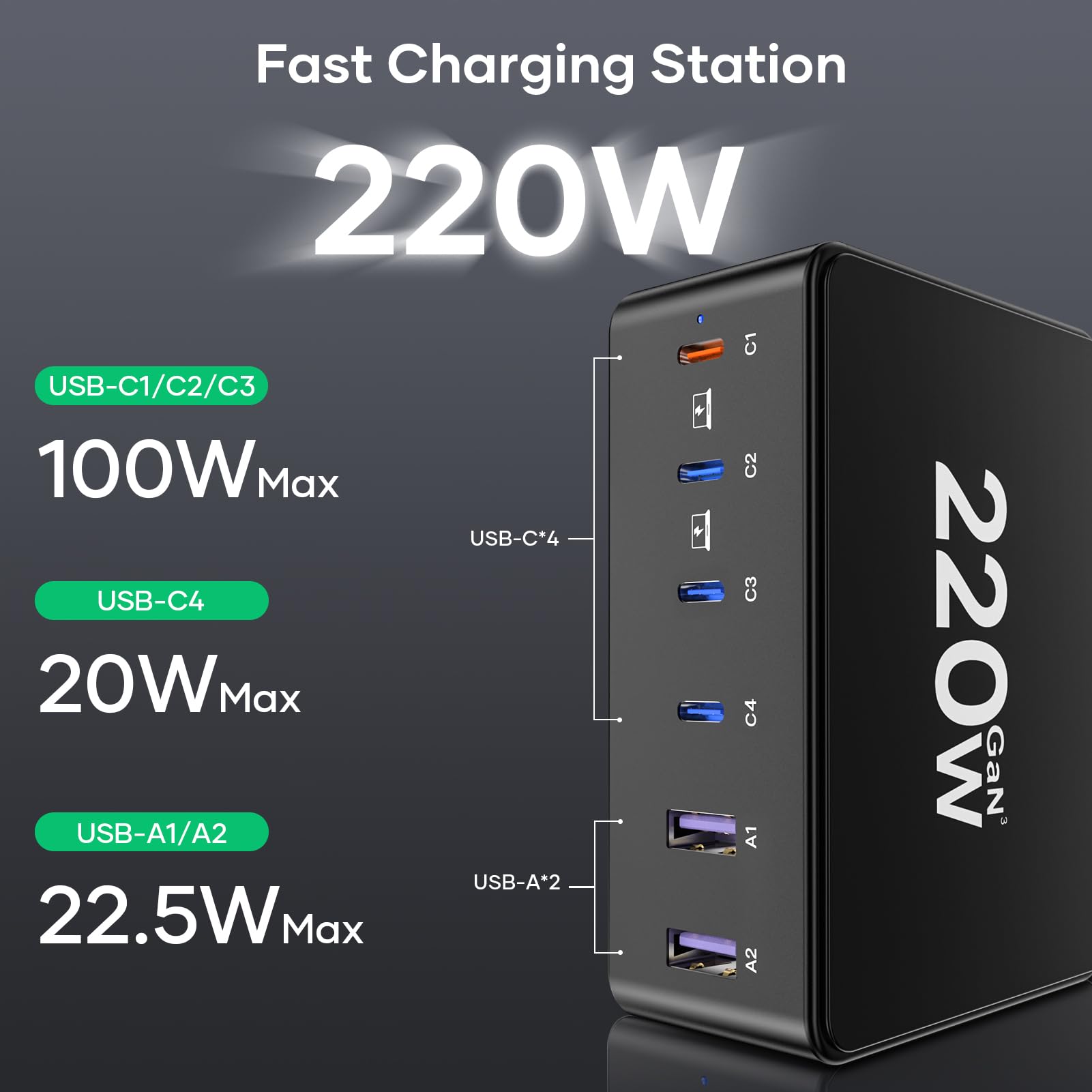 220W Caricatore USB C, 6-Port GaN Stazione di Ricarica Multipla mit 4 USB-C e 2 USB-A PD 100W PPS 3.3 Fast Charger, Caricabatterie per MacBook Pro Laptop i Phone i Pad Samsung Huawei