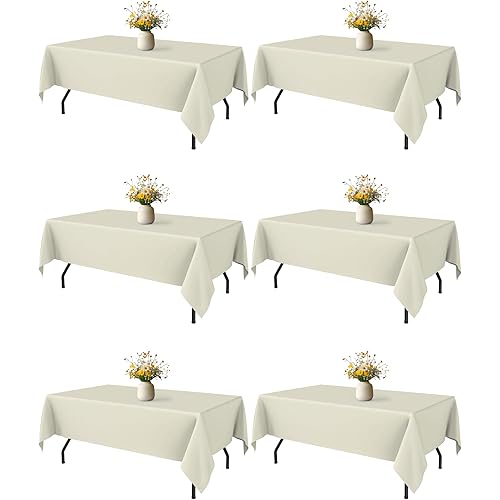 Ivory Fabric Rectangle Table Cloth - 6 Pack, 60" × 84" Washable Tablecloth for 5FT Tables, Wrinkle-Resistant & Heat-Proof Table Cover for Weddings, Dinners & Parties