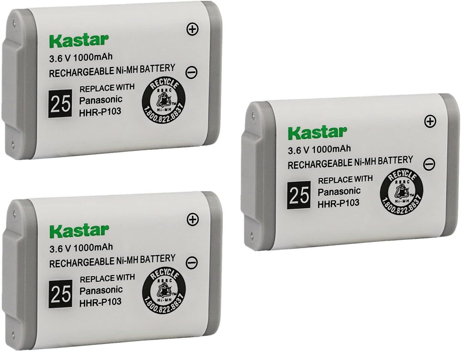 Kastar 3-Pack HHR-P103 Battery Replacement for Panasonic KX-TGA271W KXTGA271W KX-TGA272 KXTGA272 KX-TGA272S KXTGA272S KX-TGA273 KXTGA273 KX-TGA273S KX-TGA273S N4HHGMB00001 N4HHGMN00001 WN4HHGMB0000
