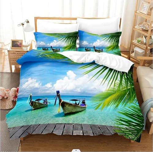 布団カバー セミダブル ビーチ 全開ファスナー 抗菌防臭 防ダニ 通気性 洗い替え速乾 ポリエステル 布団カバー (170x210cm) + 2 枕カバー(43x63cm)