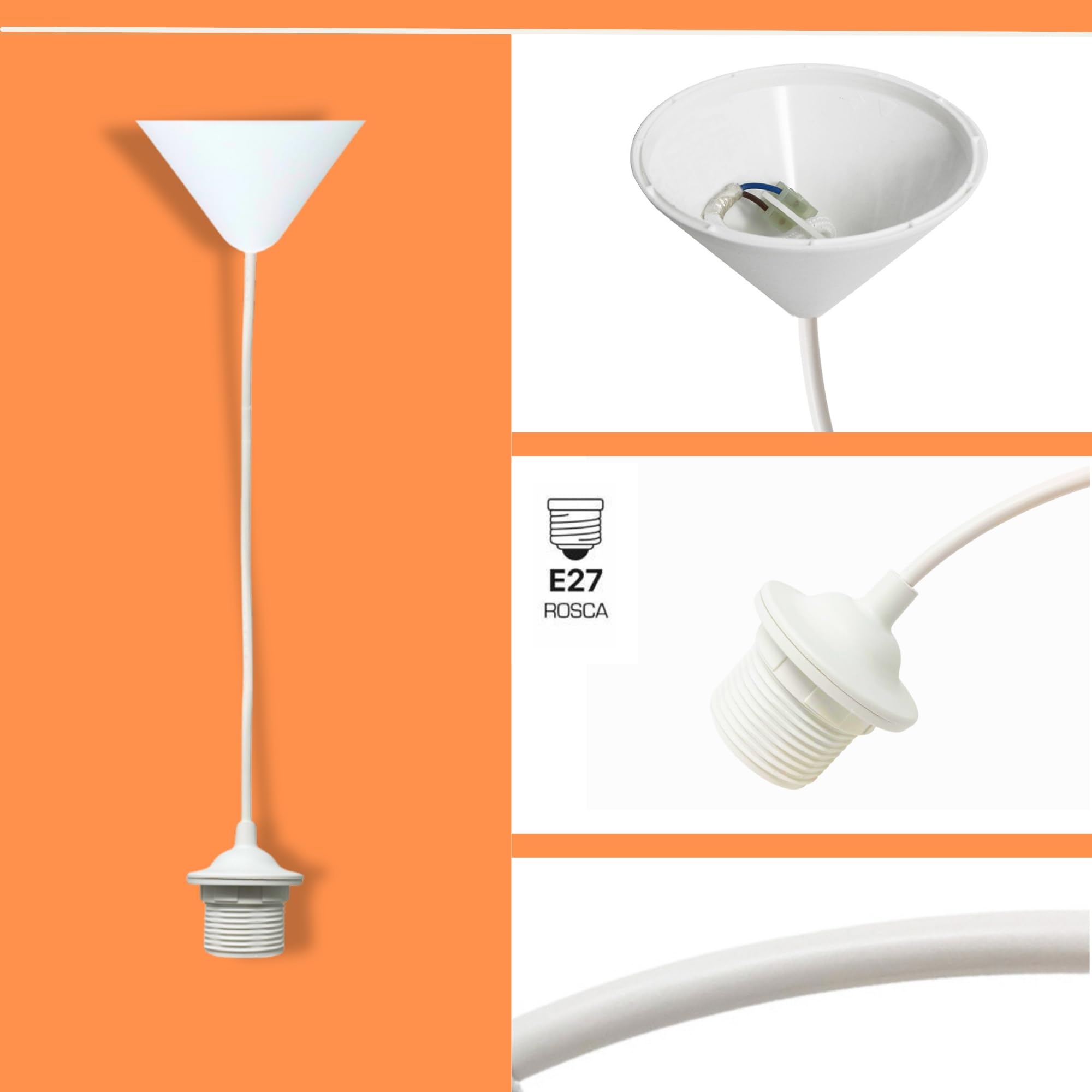 Lámpara Colgante Decorativa Blanca con Florón Cónico de Plástico | Cable PVC 80 cm Flexible | Portalámparas E27 con Camisa Roscada, Tope y Arandela | Ideal para Sala, Comedor, Dormitorio.