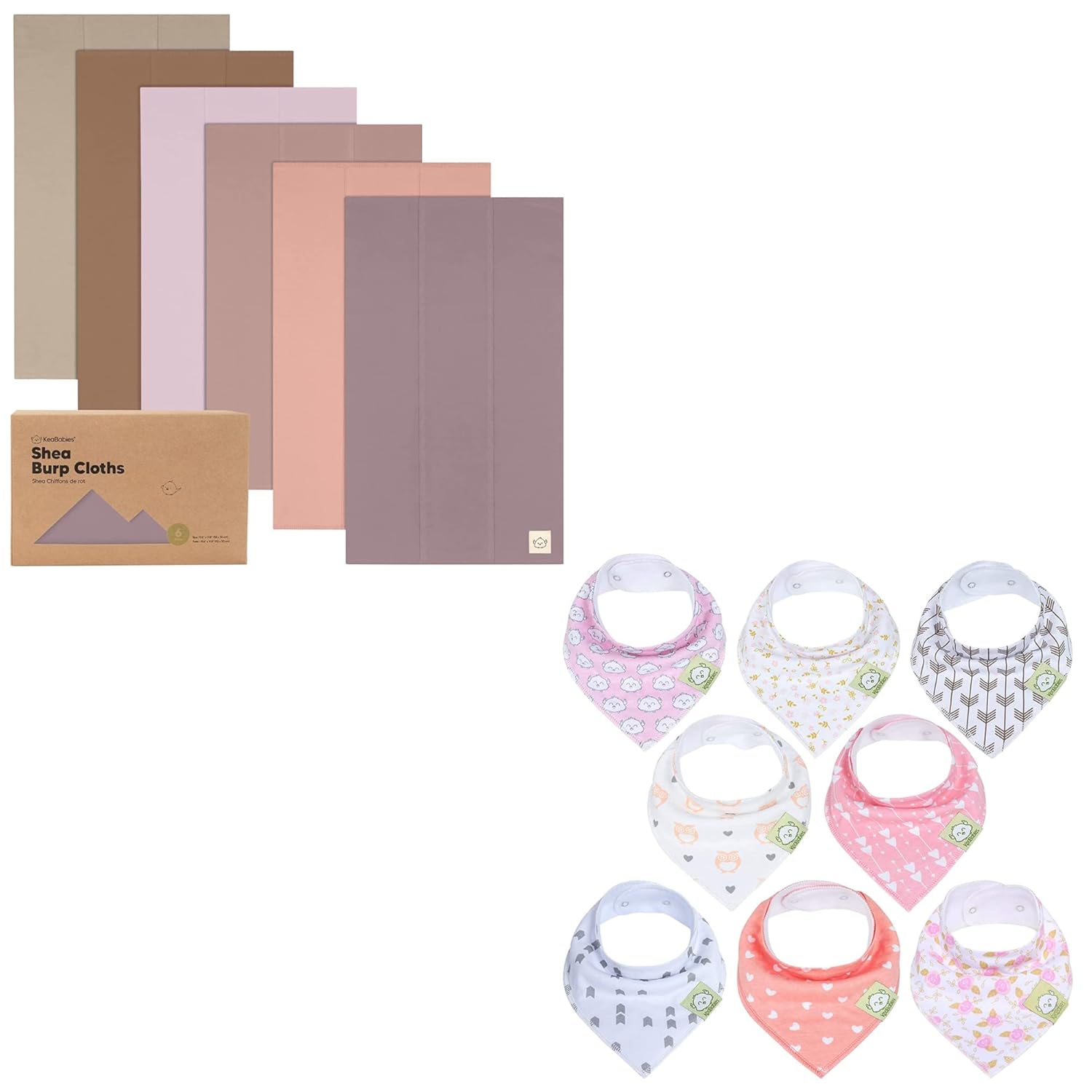 KeaBabies 6-Pack Baby Burp Cloths for Boys and Girls and 8-Pack Baby Bandana Drool Bibs - Cotton Burp Clothes for Infant, Stylish Unisex Bandana Bibs for Kids