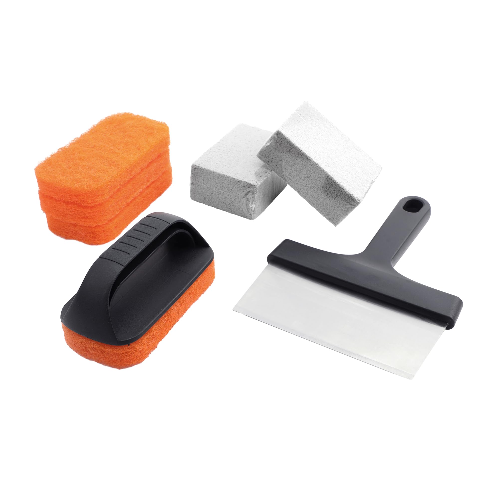 Amig - Kit 8 accessori pulizia barbecue AM22 - Raschietto 23 cm + 3 spugne in poliestere + 1 spugna in PP + 3 blocchi pulizia - Acciaio inox e polipropilene