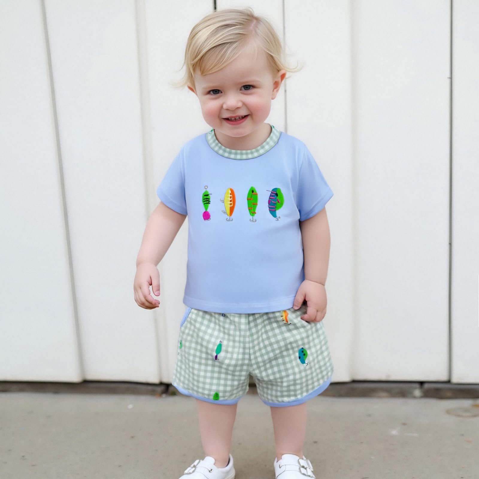 Muasaaluxi Toddler Baby Boy Summer Clothes Short Sleeve Fish Embroidery T-shirt Plaid Jogger Shorts 2Pcs Clothes Set (Blue, 12-18 Months)