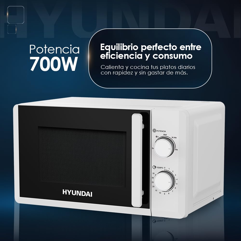 Hyundai Microondas 20 Litros Cerámico Blanco HMC207W00. 700W, 12 Programas, Modo Descongelación, Revestimiento Interior, Fácil Limpieza, Temporizador 35min.