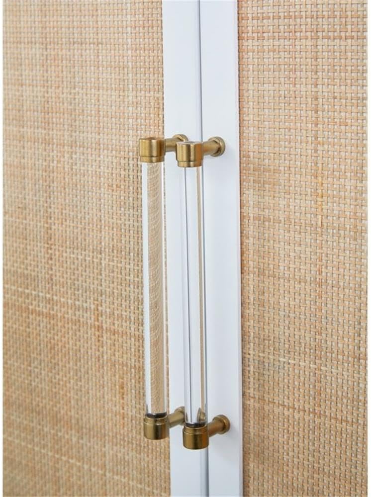 Pemberly Row Contemporary Media Sideboard, 71 in Wide, Rattan Inlay Wood, Matte White and Natural Finish, Brushed Brass and Acrylic Handles, Adjustable Shelves, Cord Management, Living Room Storage