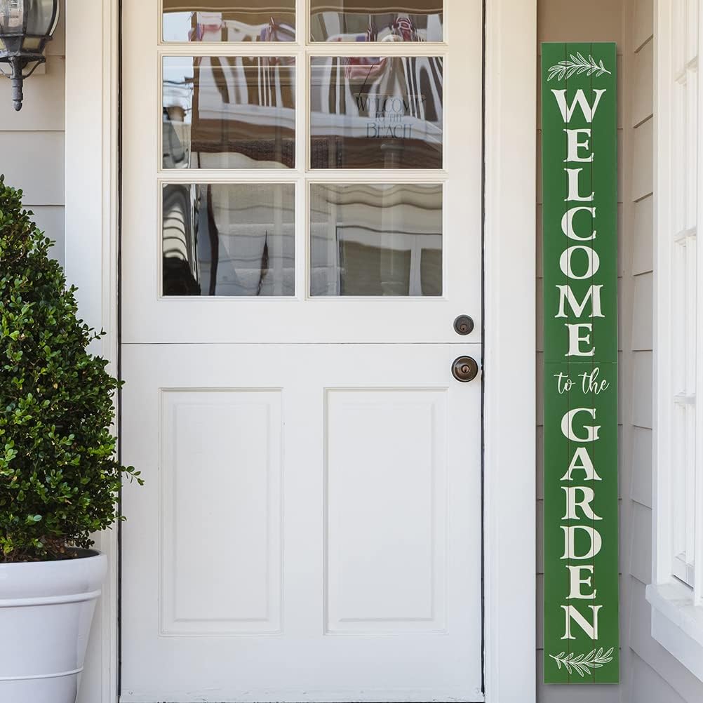 Glitzhome 60"H Oversized Wooden Green "WELCOME to the GARDEN" Porch Sign Vertical Welcome Porch Décor Hanging Signs Spring Decorations for Front Door Wall Display