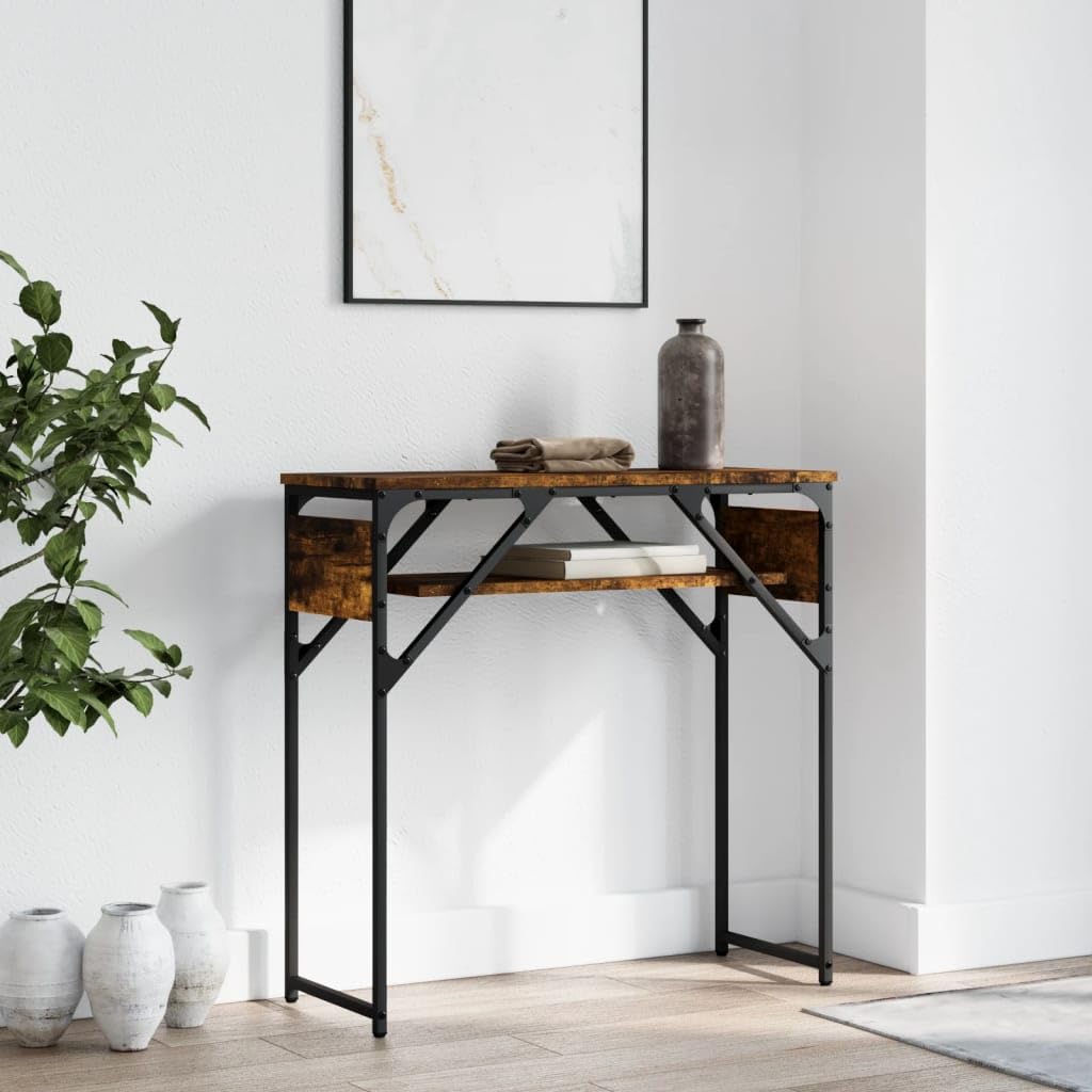 SXZenSpace Console Table with Shelf 75x30x75 cm Smoked Oak Engineered Wood & Metal Frame Adjustable Feet Slim Hallway Sofa Side for Living Room Corridor and Bedroom