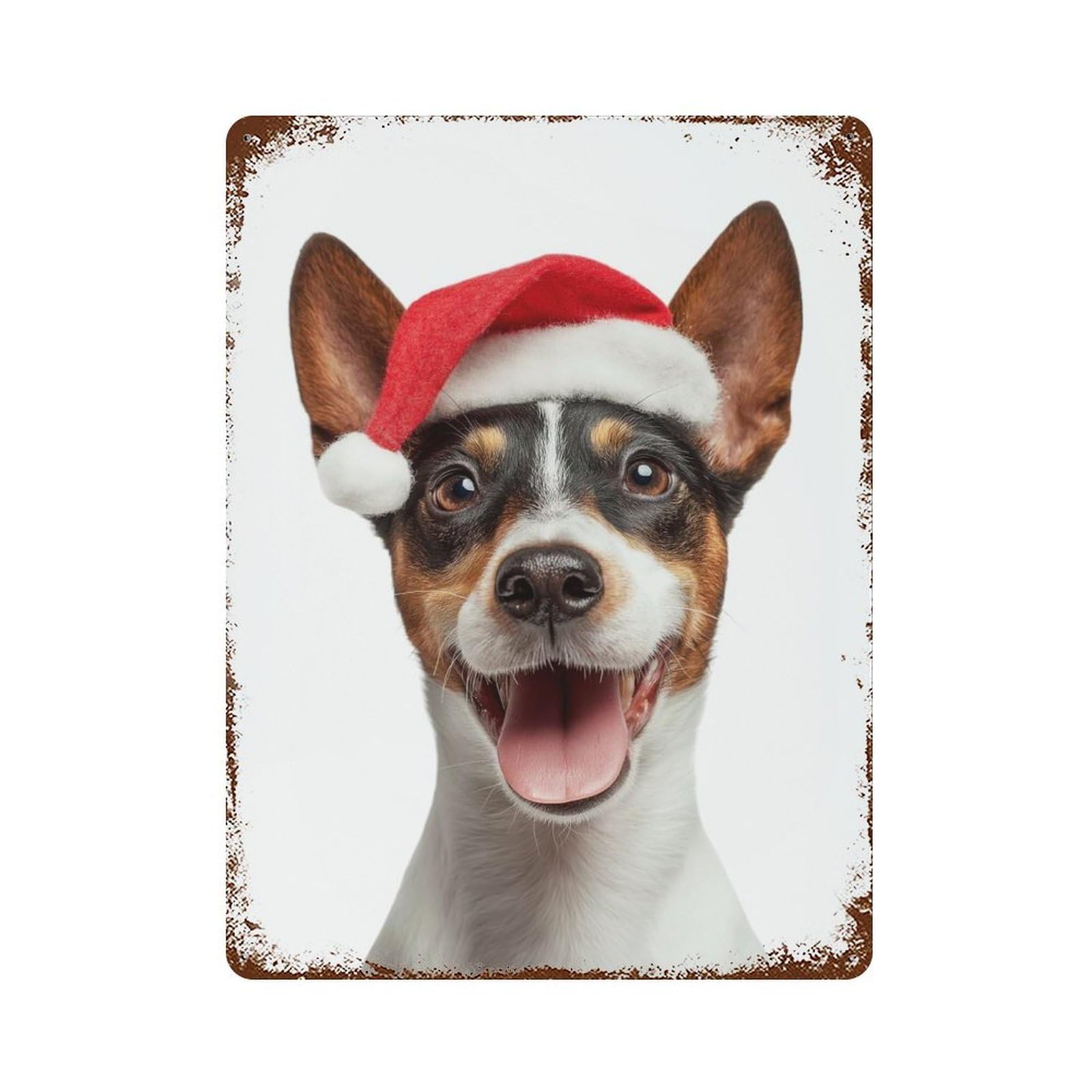 Weathered Tin Sign with Toy Fox Terrier Dog with Santa Hat Design 15.7"x11.8", for Basement, Hobby Room And Garage Decor, Industrial Home Decor