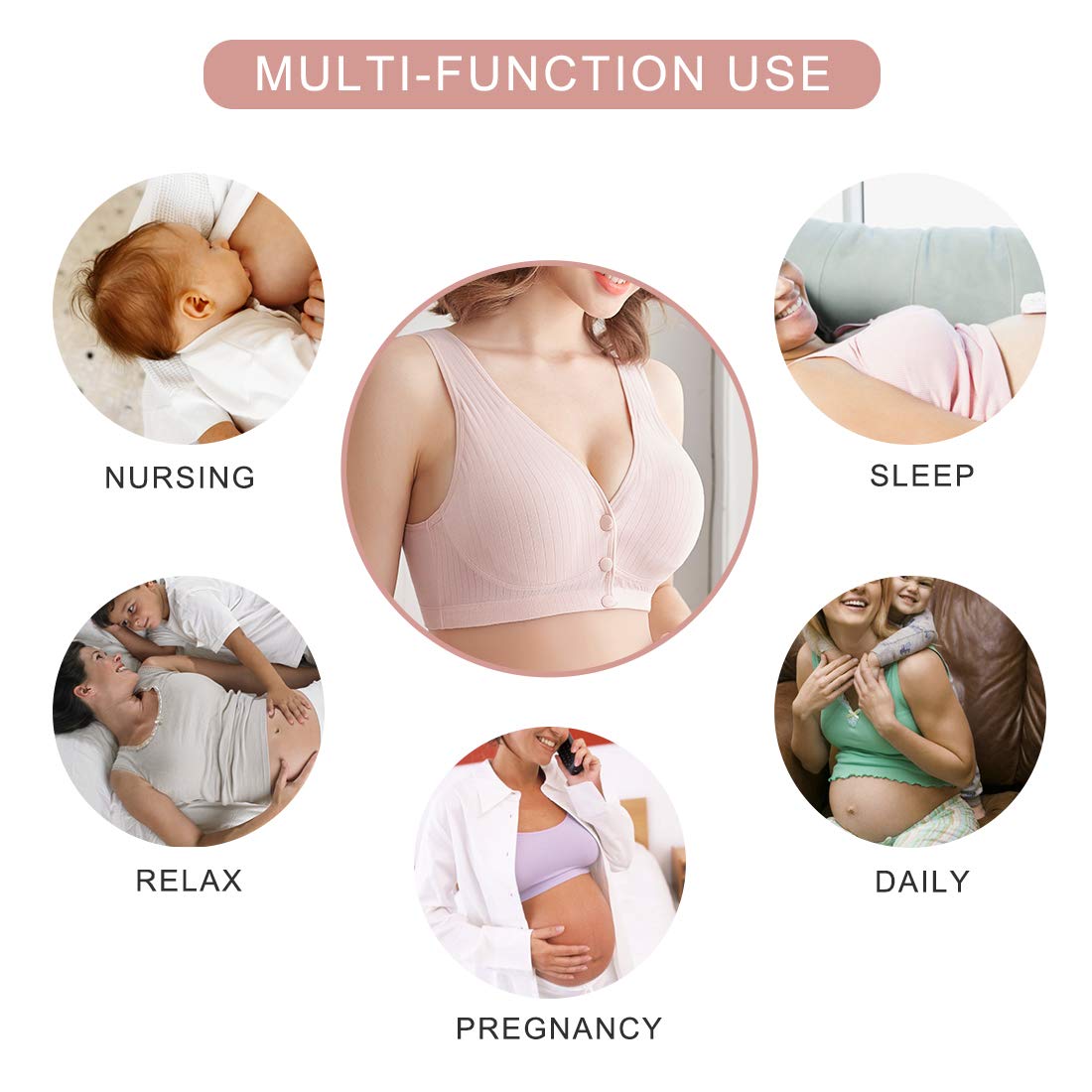 ATOX Nursing Bras for Breastfeeding Cotton Wireless Maternity Bra Seamless Support Front Snap Padded Bralettes Pink - Image 4 thumbnail