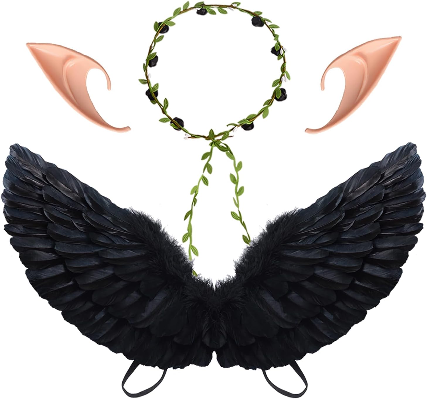CLONG Black Wings Fallen Angel Costume Wings and Halo Devil Fairy Wings for Girls Kids Women Halloween Black Medium