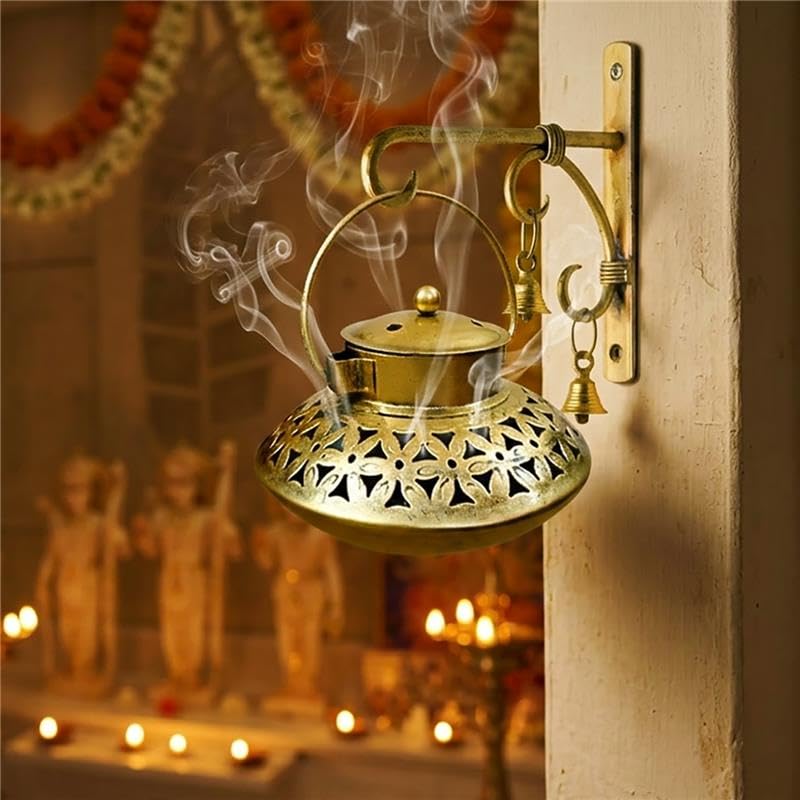 Image of Wall Hanging Metal Brass Medium 6 Inch Degchi Style Incense Burner with Hanger, Bells Decorative Item for Home | Brass Dhoop Holder Pooja Items | Dhoop Dani Stand Tea Holder - Gold
