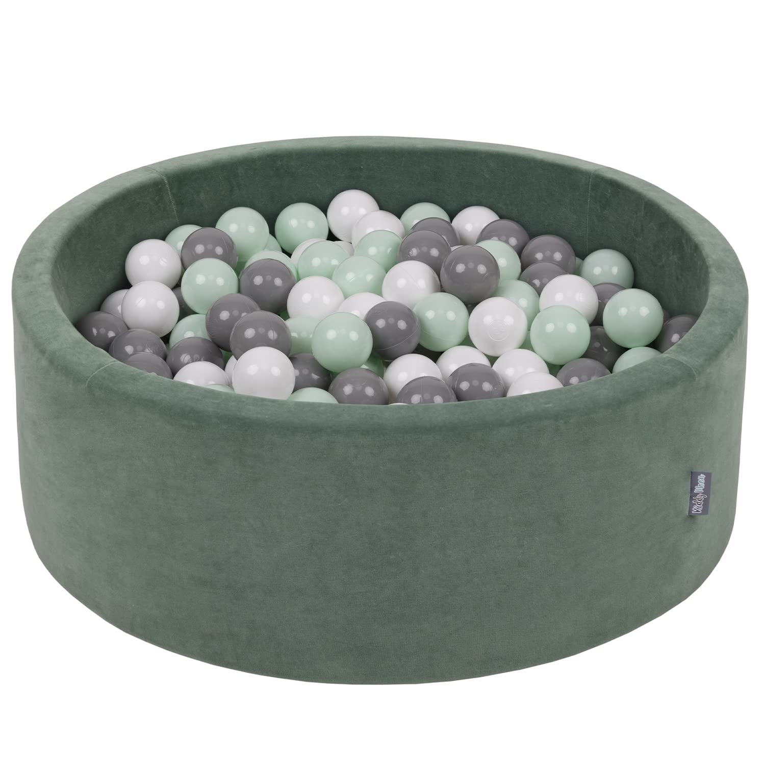 KiddyMoon Soft Ball Pit Round 90X30cm/200 Balls ∅ 7Cm / 2.75In For Kids, Foam Velvet Ball Pool Baby Playballs, Made In The EU, Forest Green:White/Grey/Mint