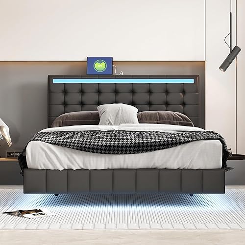 CNANXU Elegante marco de cama flotante de tamaño Queen con cabecera LED ambiental y puertos USB integrados, base de colchón tapizada contemporánea