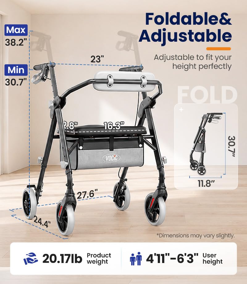 Image of VOCIC Z11 Rollator Walkers for Seniors with Seat, 500 LBS Load, Ultra Wide | High-capacity support, 23 inch wide frame, ergonomic seat, dual brakes, and slim fold for home, shopping & daily walks, Black