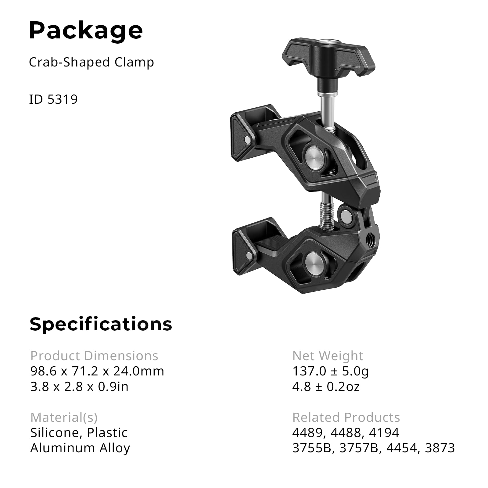 SMALLRIG Zacisk w kształcie kraba z obrotową końcówką i otworami rozprężnymi 1/4"-20, maks. mocowanie 50 mm (2") do uchwytów kamer, akcesoriów do statywów, okrągłej rury/płaskiej powierzchni, 5319