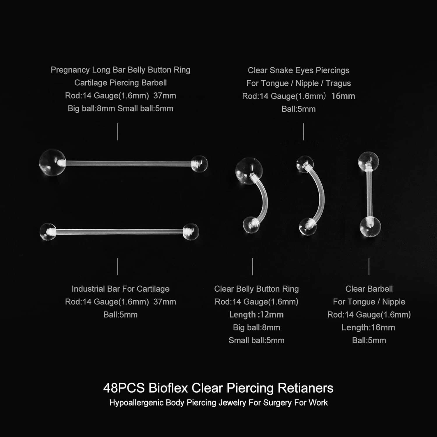 MixPiercing 48Pcs Clear Piercing Retainers Plastic Nose Tongue Nipple