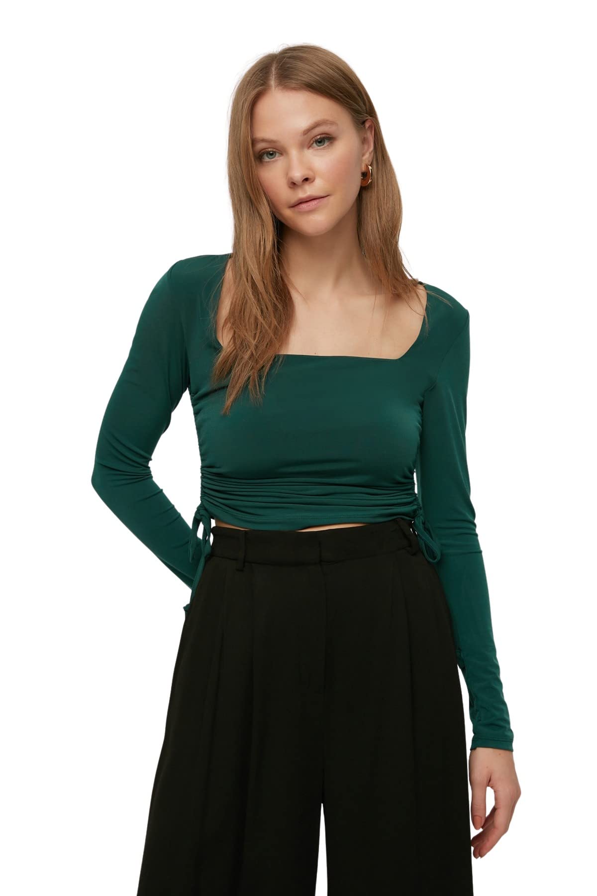 Trendyol Damen Figurbetont Bodycon Karrée-Ausschnitt Gestrickt Bluse, Smaragdgrün, XL