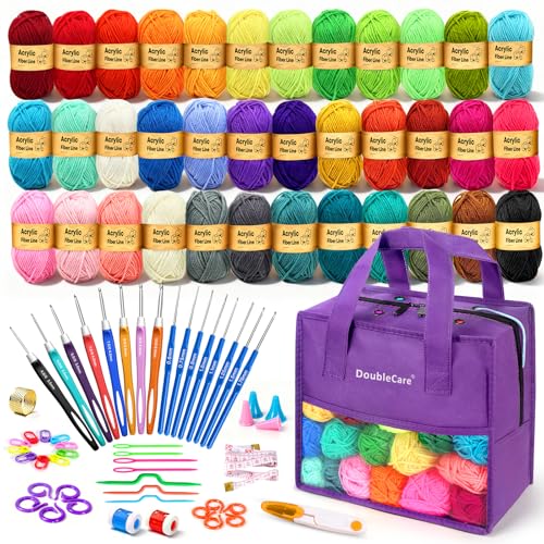 DoubleCare Juego de 90 piezas de ganchillo para principiantes, hilo de 1575 yardas en 36 colores, juego de accesorios de ganchillo de 54 piezas, incluye agujas de ganchillo ergonómicas para amigurumi