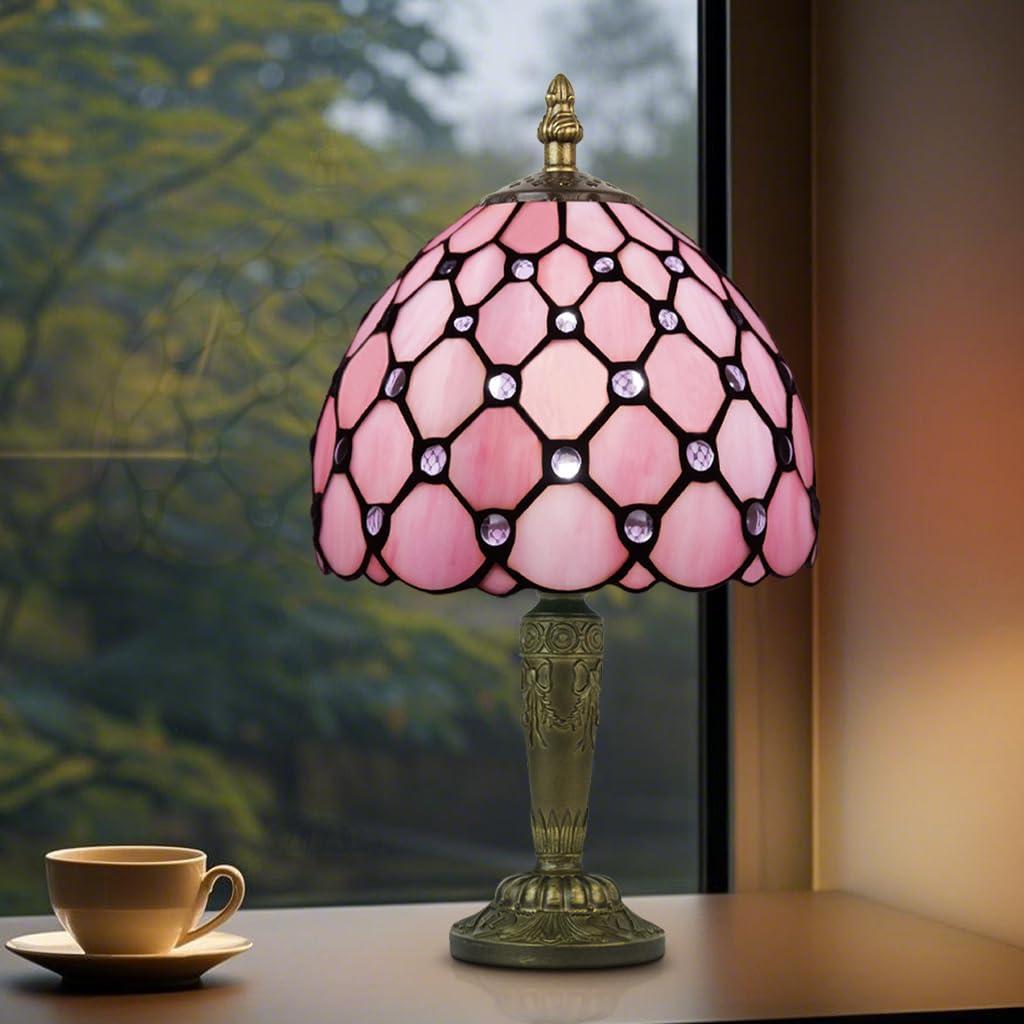 Crefotu Small Tiffany Style Table Lamp, 3 Color Temperatures Bedside Lamp, 8 Inch Stained Glass Desk Light for Home Office Bedroom Living Room (Pink) — image 1