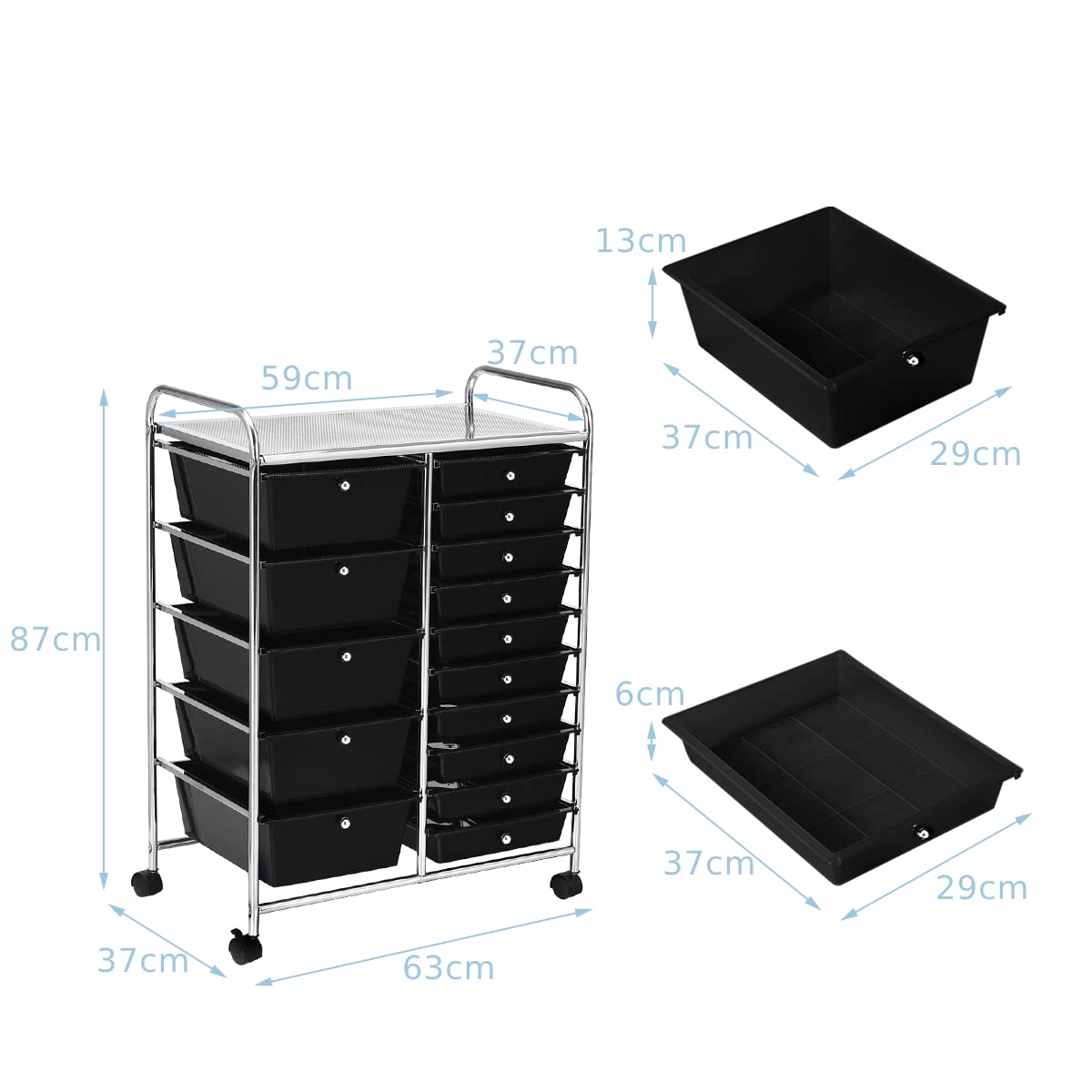 Carrito de almacenamiento de 15 cajones con ruedas bloqueables, organizador móvil multiusos para el hogar, oficina, papelería, belleza y salón de belleza, carrito rodante (negro)