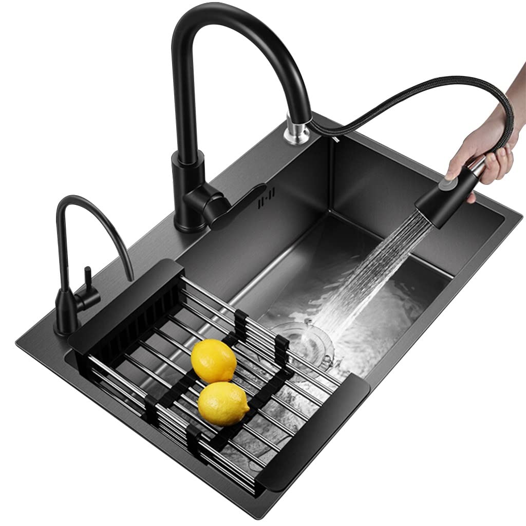 Évier de cuisine noir cuve simple anti-rayures avec mitigeur ergonomique