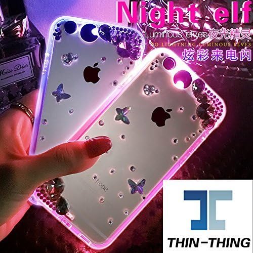(Lighting Color can change) Thin-Thing Bling Flower Butterfly Rhinestone LED Flash Light UP Remind Incoming Call Cases Cover For Smart Mobile Phones (Apple iPhone 6 6S 4.7", Blue)