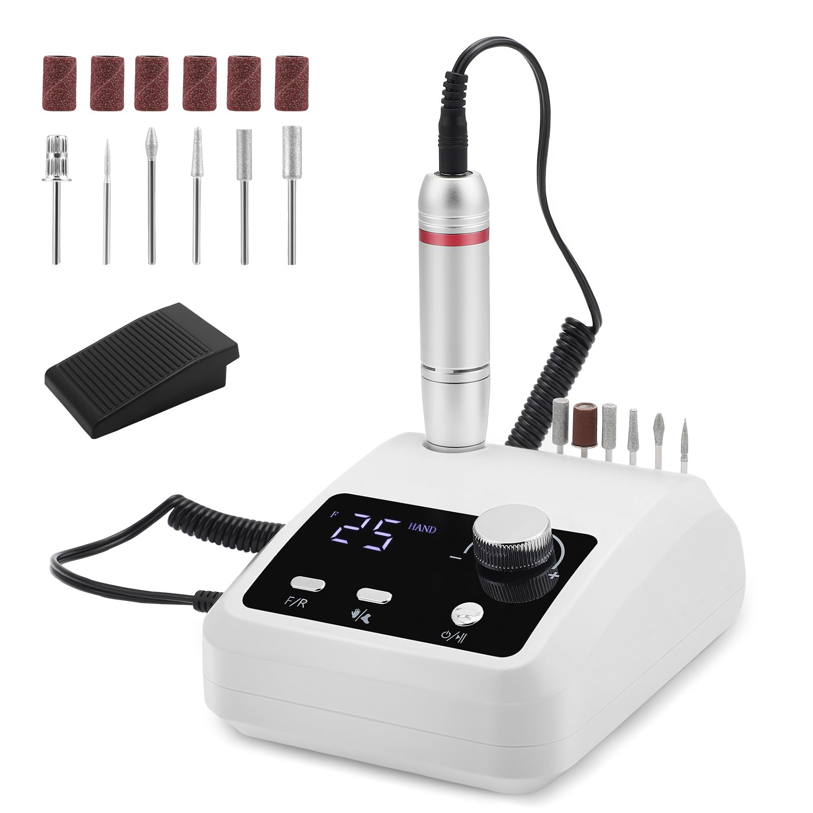 Nagelfräser, 45,000RPM Professionelle Elektrisch Nagelfräser, Ultraleise Elektrische Nagelfeile, Fräser Maniküre Pediküre Set Mit Pedalen, LED-Display, 6 Bits für Acrylnägel Maniküre Salon & Zuhause