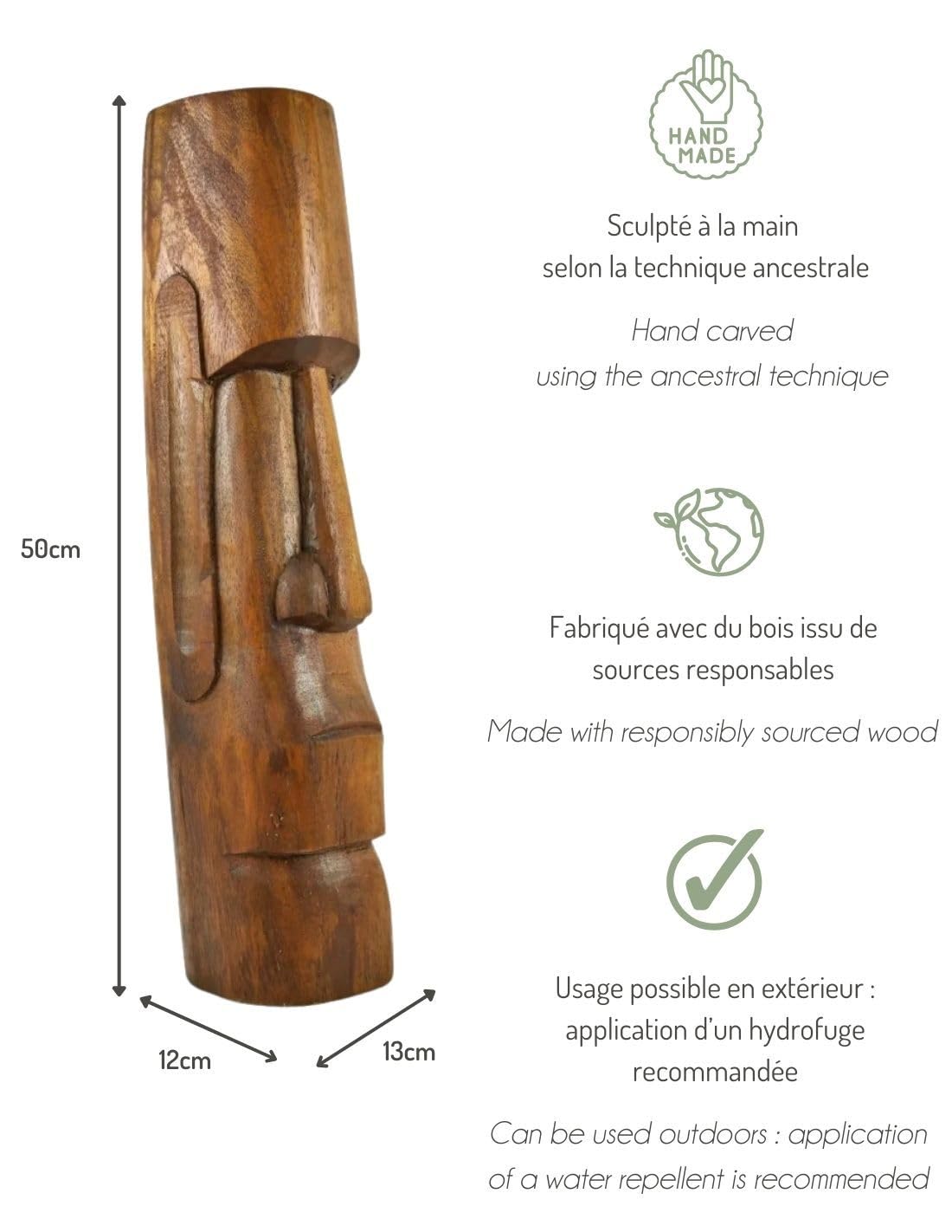 Totem Tiki En Bois 100 Cm – Sculpture Artisanale Albizia – Décoration Intérieur/extérieur, Style Polynésien