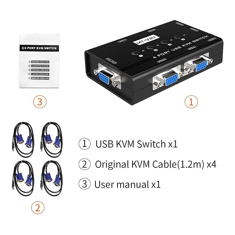 MT-VIKI Commutateur KVM VGA 4 ports VGA KVM pour clavier, souris, haut-parleur USB avec câble KVM PC sur un moniteur (4 ports)