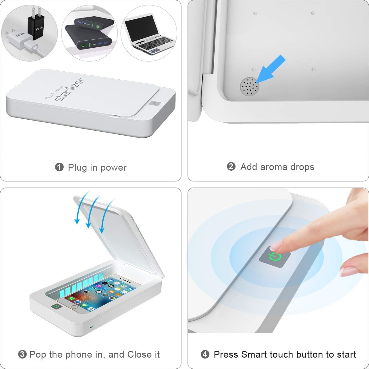 Boîte de désinfectant UV pour téléphone portable, boîte de nettoyage UVC, aromathérapie, stérilisateur UV à 360 ° pour téléphone, brosses à dents, bijoux, écouteurs, montres, clés, lunettes (bleu)