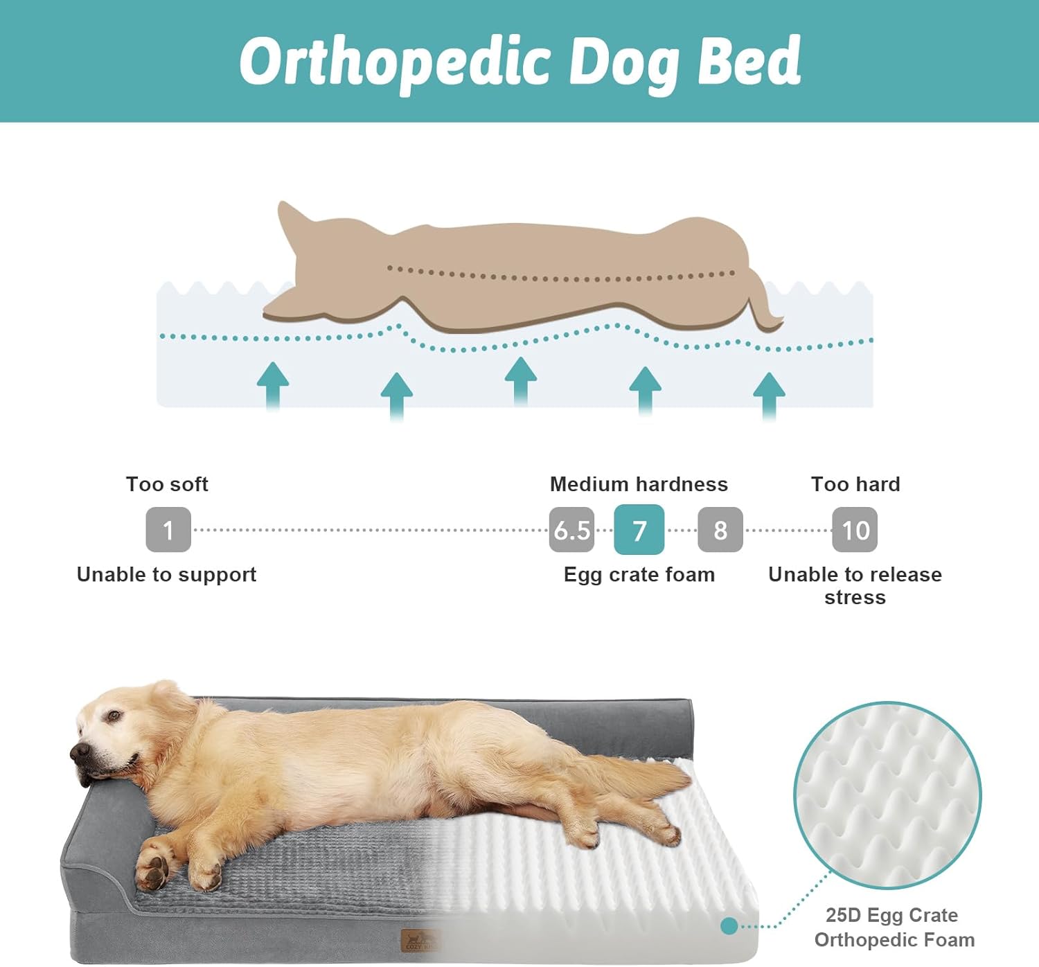 COZY KISS Orthopedic Dog Bed for Large Medium Size Dog, Dogs Crate Bed, L Shaped Foam Anti-Slip Bottom Pet Cat Sofa with Washable Removable Cover, Suitable for Pet Up to 75 lbs, 36x27x6.5 inch, Grey